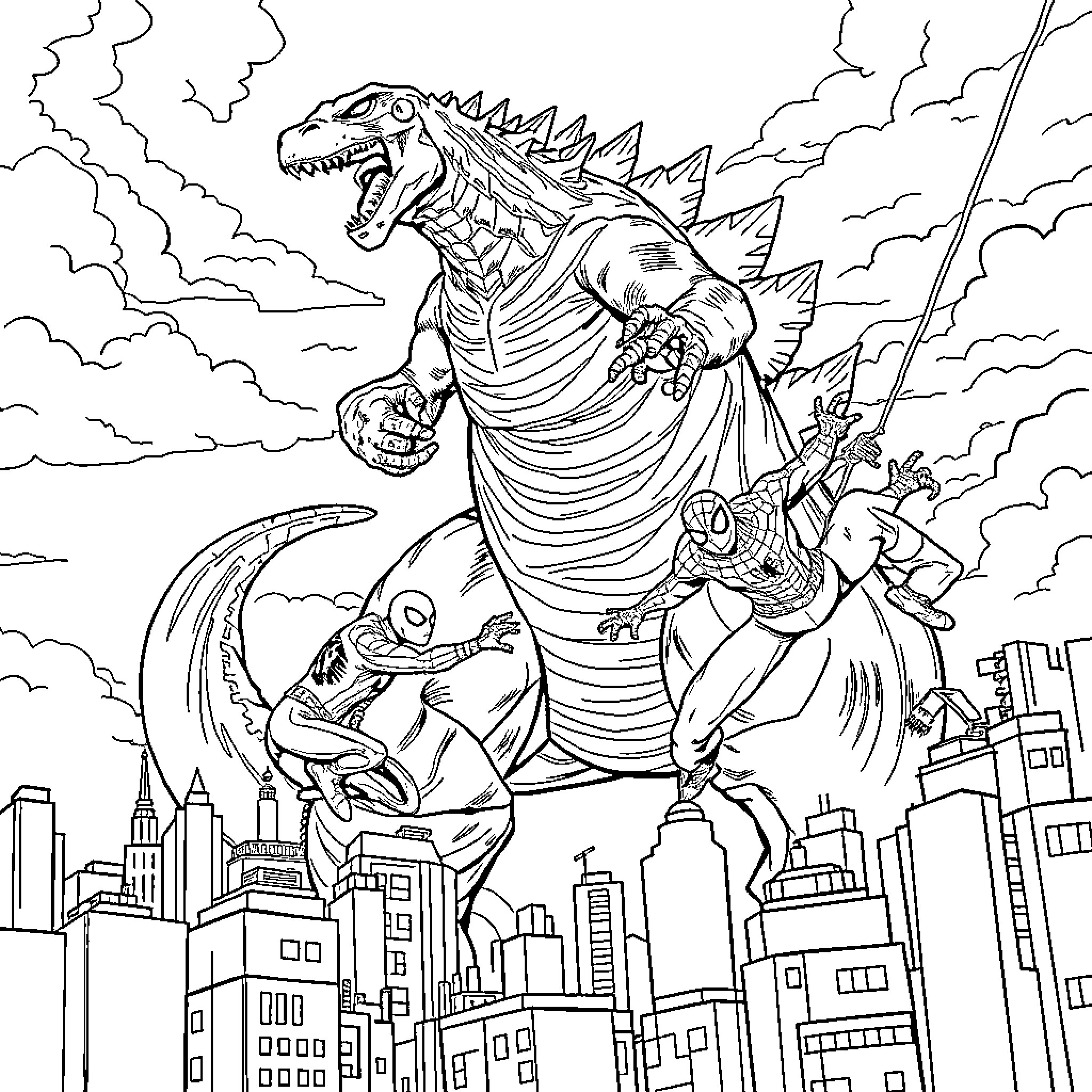 Godzilla rampaging through the city with superheroes Coloring Page (free black-and-white line drawing printable PDF for all, from beginners to advanced learners, including children, teens, adults, and seniors)