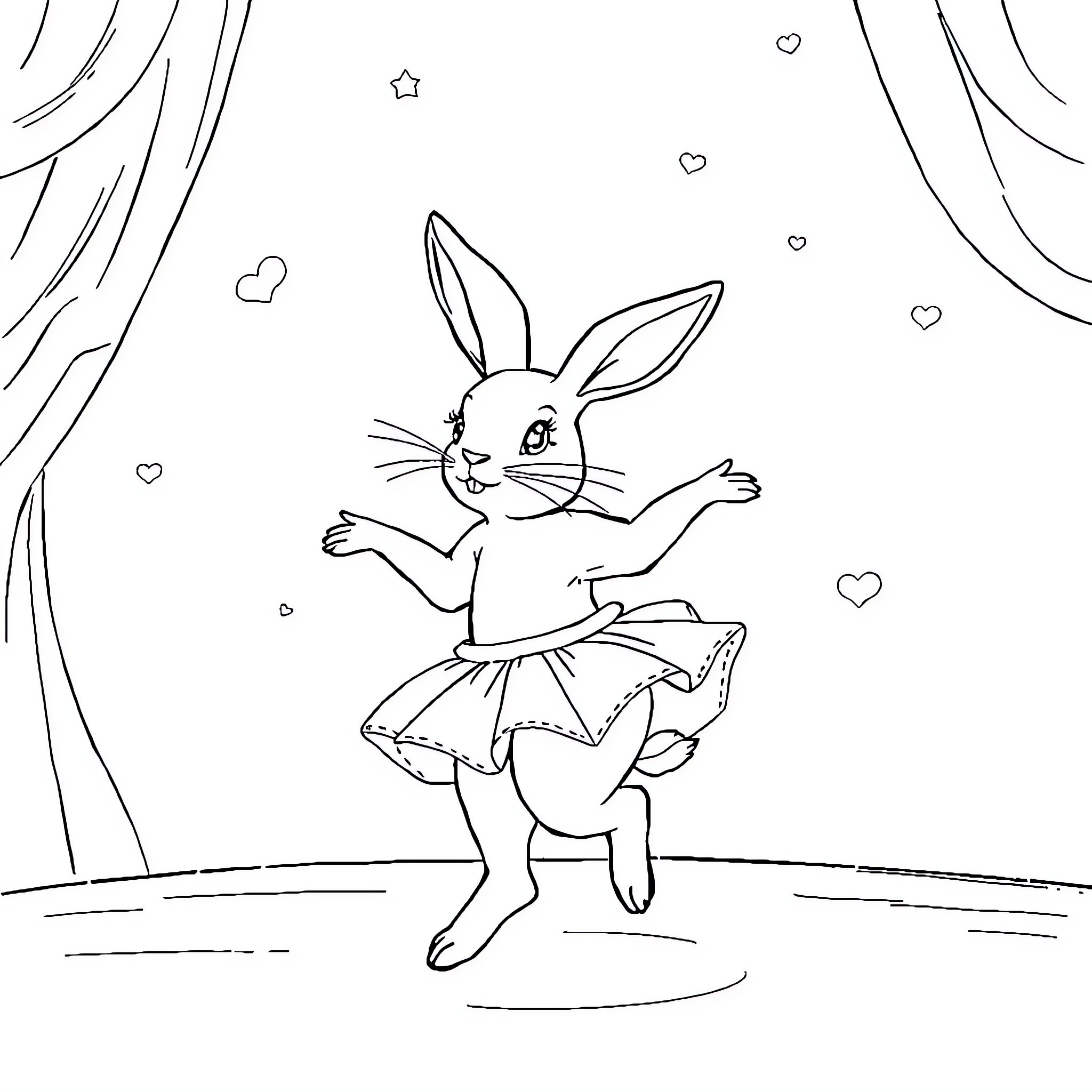 Rabbit dancing joyfully on stage Coloring Page (free black-and-white line drawing printable PDF for all, from beginners to advanced learners, including children, teens, adults, and seniors)