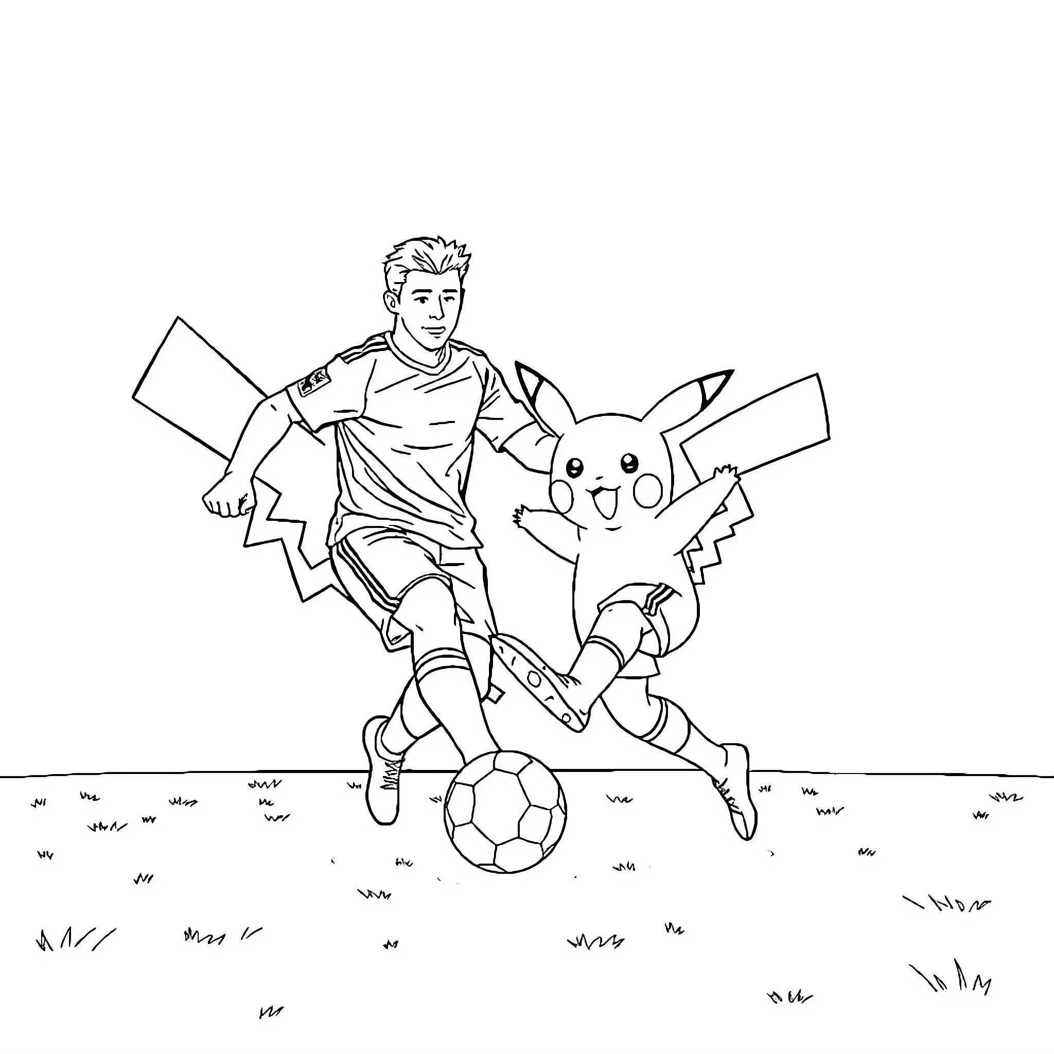 Pikachu playing soccer with a young athlete Coloring Page (free black-and-white line drawing printable PDF for all, from beginners to advanced learners, including children, teens, adults, and seniors)