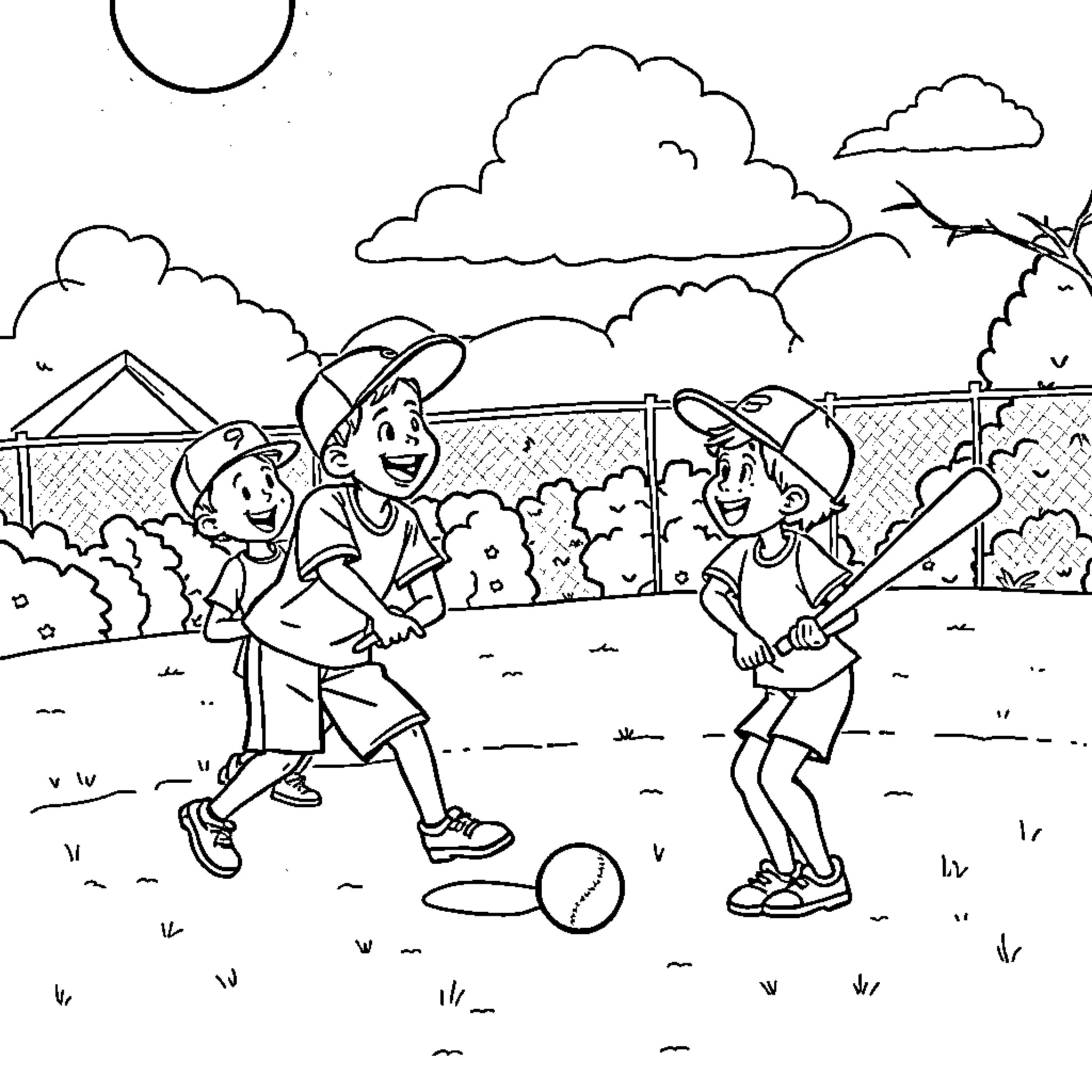 Sandlot kids playing an exciting game of baseball Coloring Page (free black-and-white line drawing printable PDF for all, from beginners to advanced learners, including children, teens, adults, and seniors)