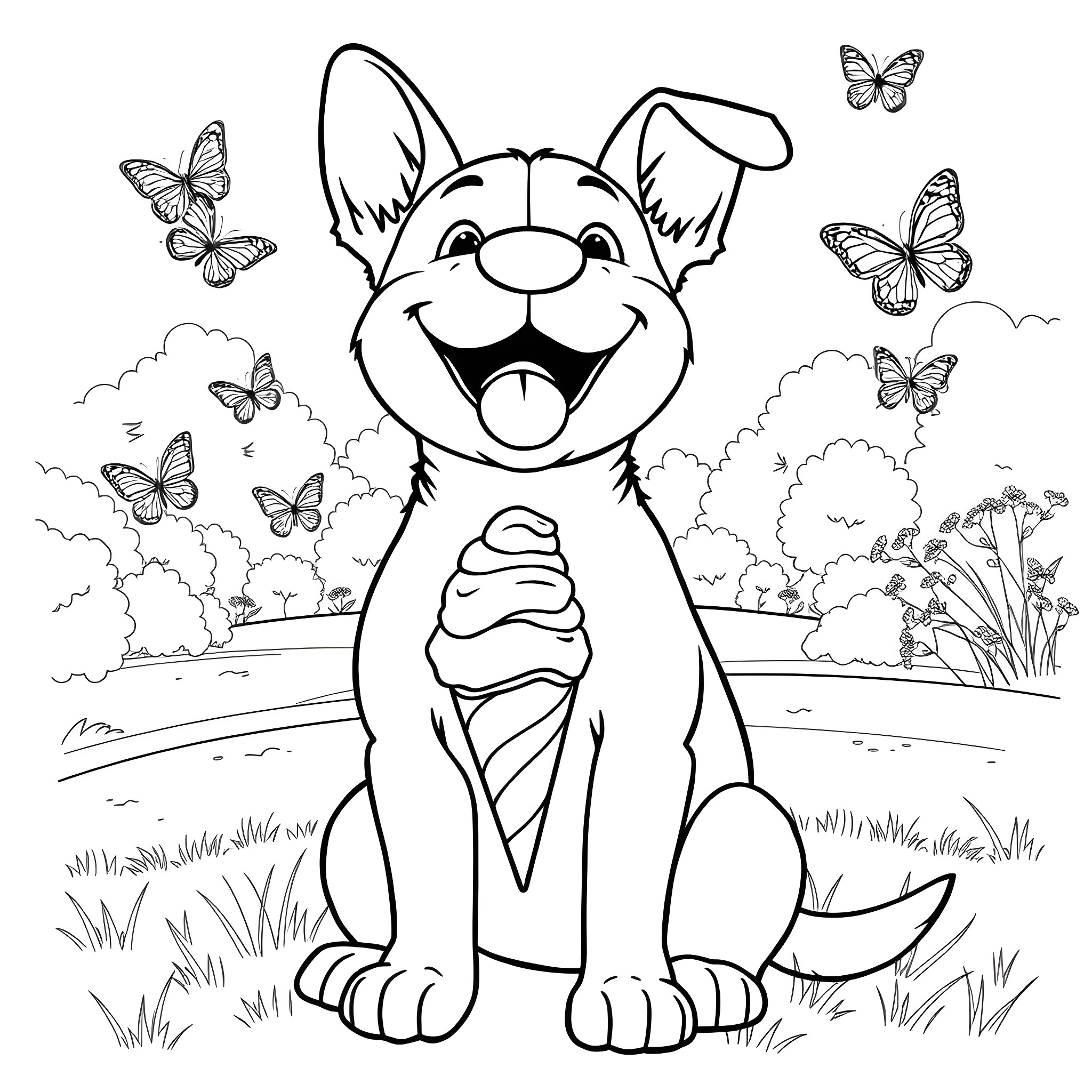 Dog enjoying an ice cream in a park with butterflies Coloring Page (free black-and-white line drawing printable PDF for all, from beginners to advanced learners, including children, teens, adults, and seniors)