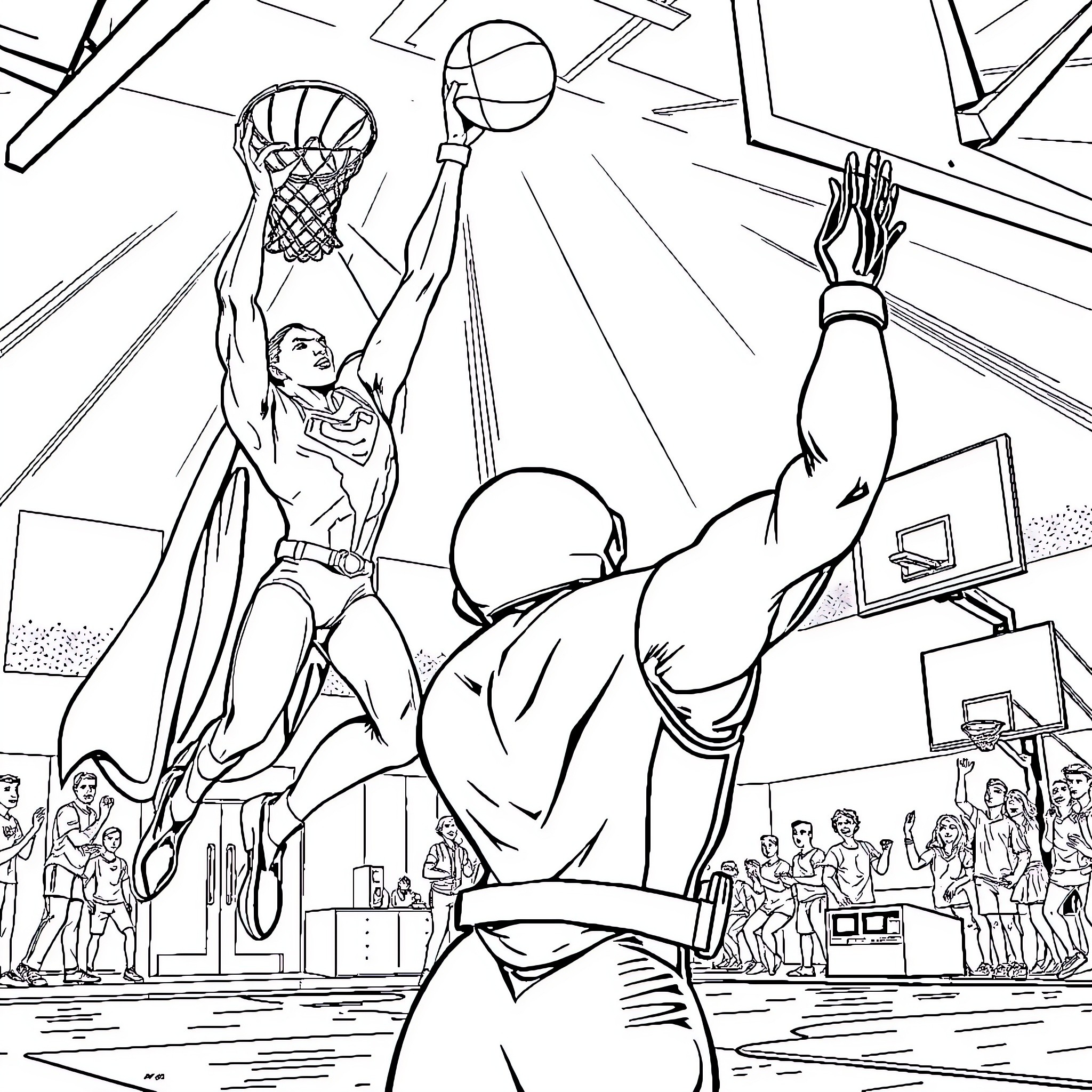 Superman's Superhuman Basketball Skills on Display Coloring Page (free black-and-white line drawing printable PDF for all, from beginners to advanced learners, including children, teens, adults, and seniors)