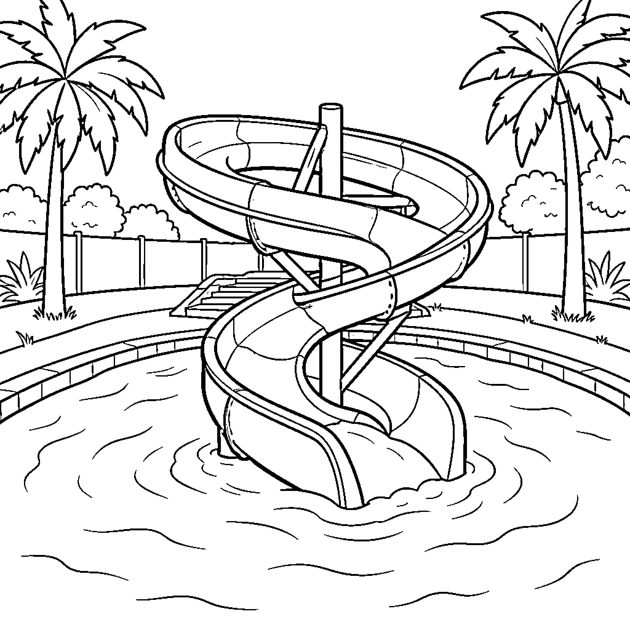 Water Slide twisting through a tropical summer scene Coloring Page (free black-and-white line drawing printable PDF for all, from beginners to advanced learners, including children, teens, adults, and seniors)