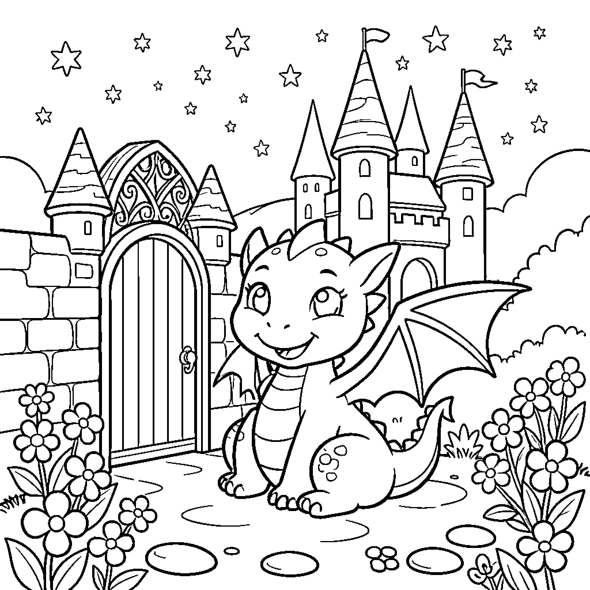 Dragon posing cheerfully in front of a magical castle Coloring Page (free black-and-white line drawing printable PDF for all, from beginners to advanced learners, including children, teens, adults, and seniors)