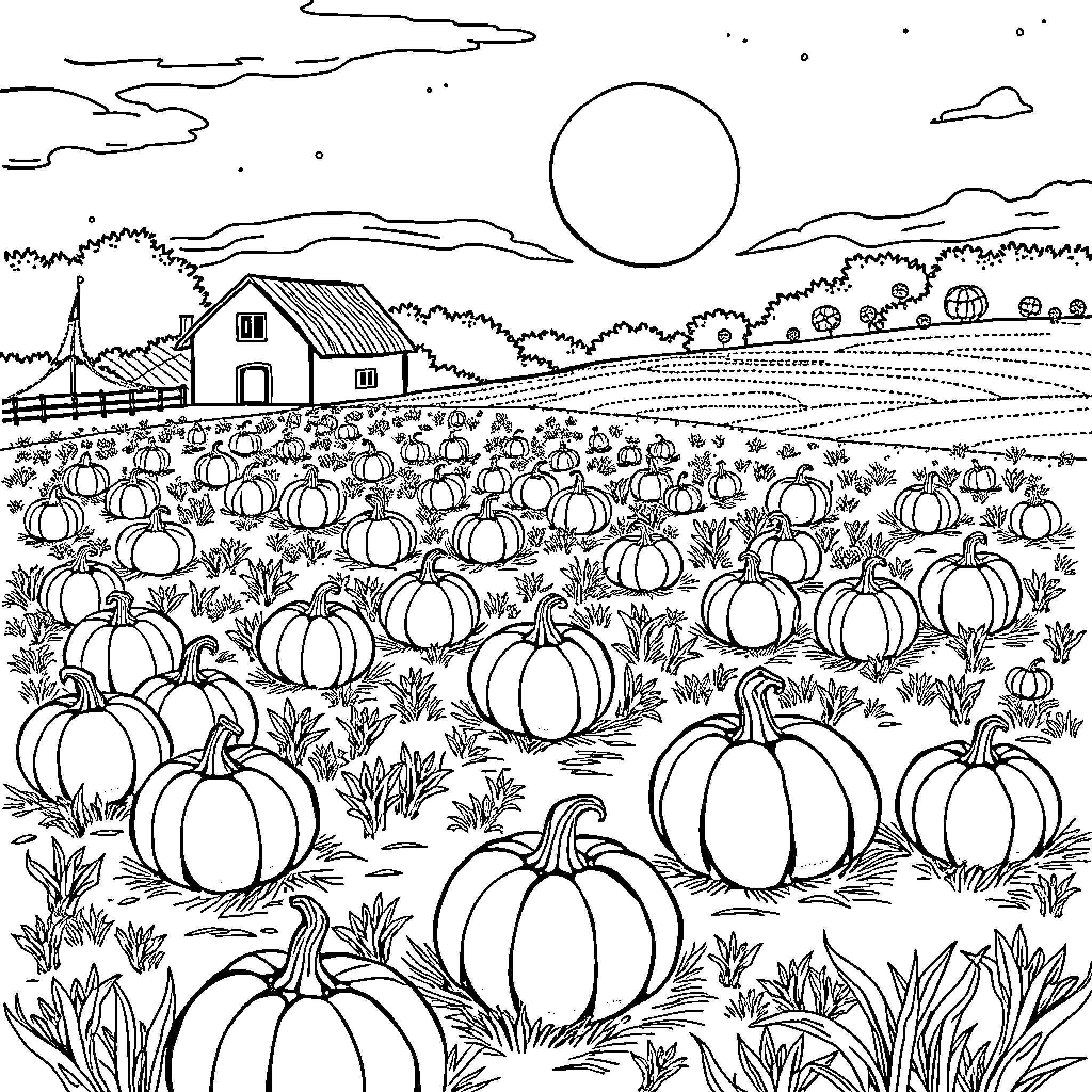 Pumpkin Patch on a Moonlit Night Coloring Page (free black-and-white line drawing printable PDF for all, from beginners to advanced learners, including children, teens, adults, and seniors)