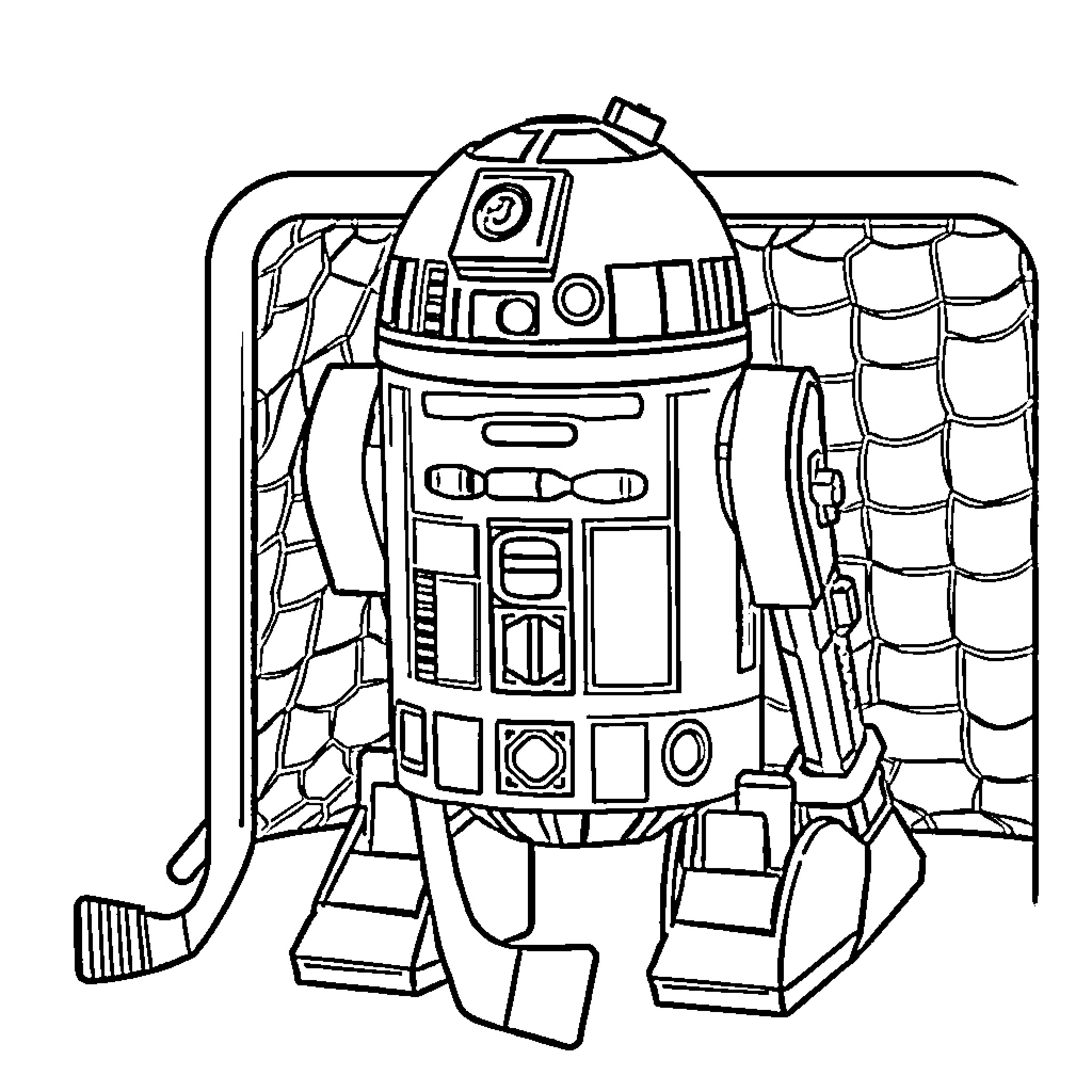R2D2 Droid in Sci-Fi Spacecraft Interior Coloring Page (free black-and-white line drawing printable PDF for all, from beginners to advanced learners, including children, teens, adults, and seniors)