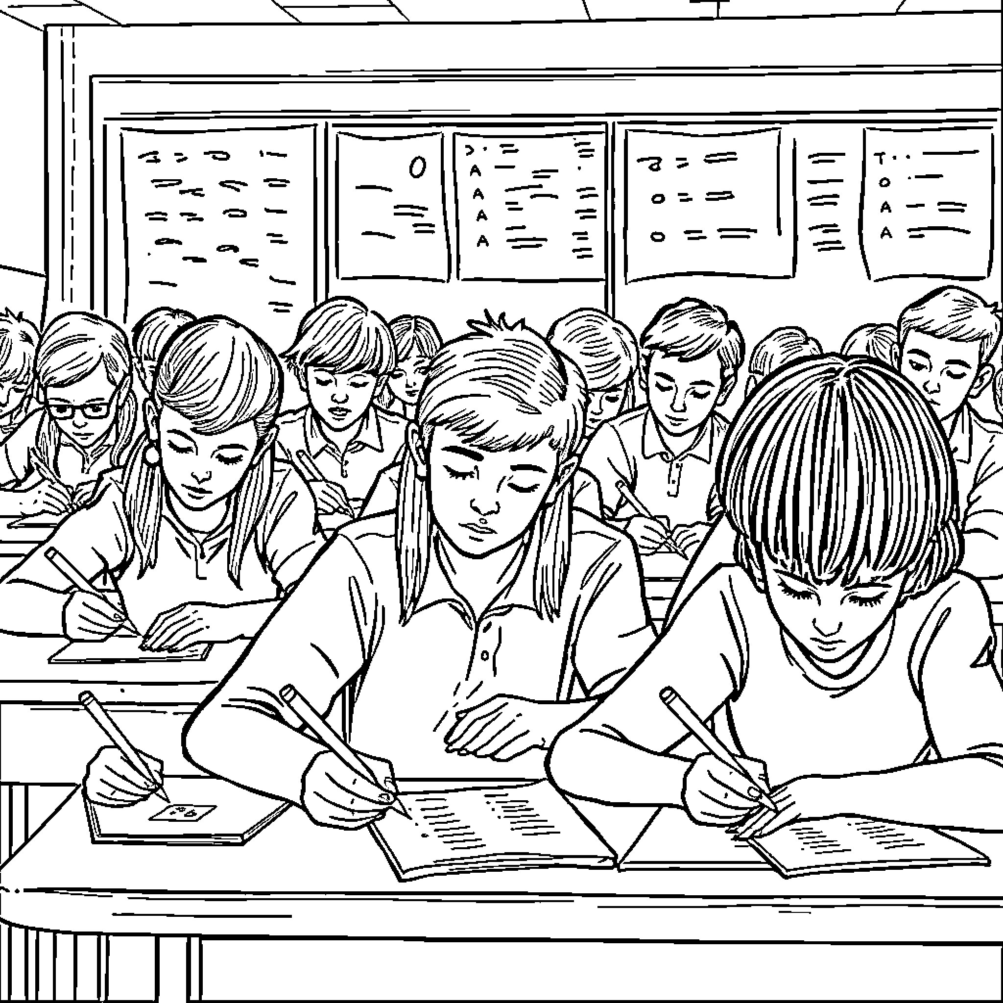 Students Focused on Their Schoolwork in the Classroom Coloring Page (free black-and-white line drawing printable PDF for all, from beginners to advanced learners, including children, teens, adults, and seniors)