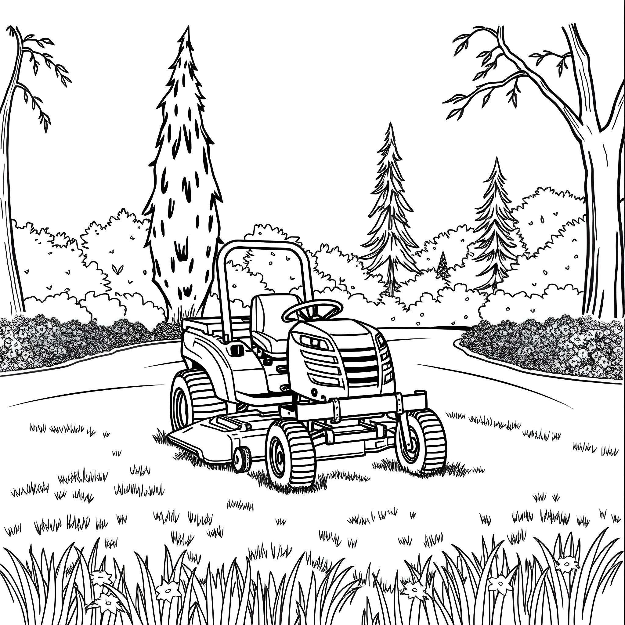 Riding Mower cutting through lush outdoor landscape Coloring Page (free black-and-white line drawing printable PDF for all, from beginners to advanced learners, including children, teens, adults, and seniors)