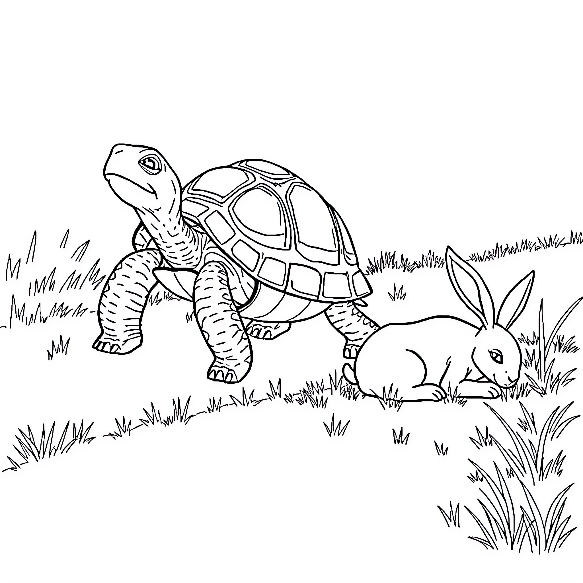 Tortoise and Rabbit Relaxing in the Meadow Coloring Page (free black-and-white line drawing printable PDF for all, from beginners to advanced learners, including children, teens, adults, and seniors)