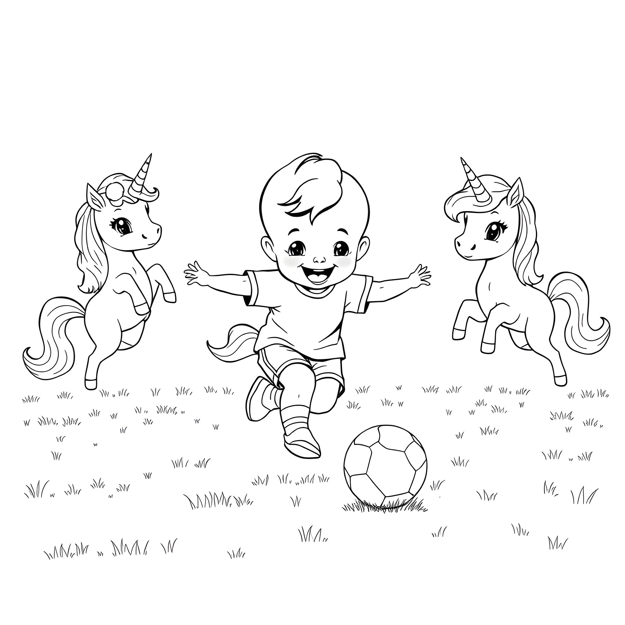 Baby plays with unicorns in the meadow Coloring Page (free black-and-white line drawing printable PDF for all, from beginners to advanced learners, including children, teens, adults, and seniors)