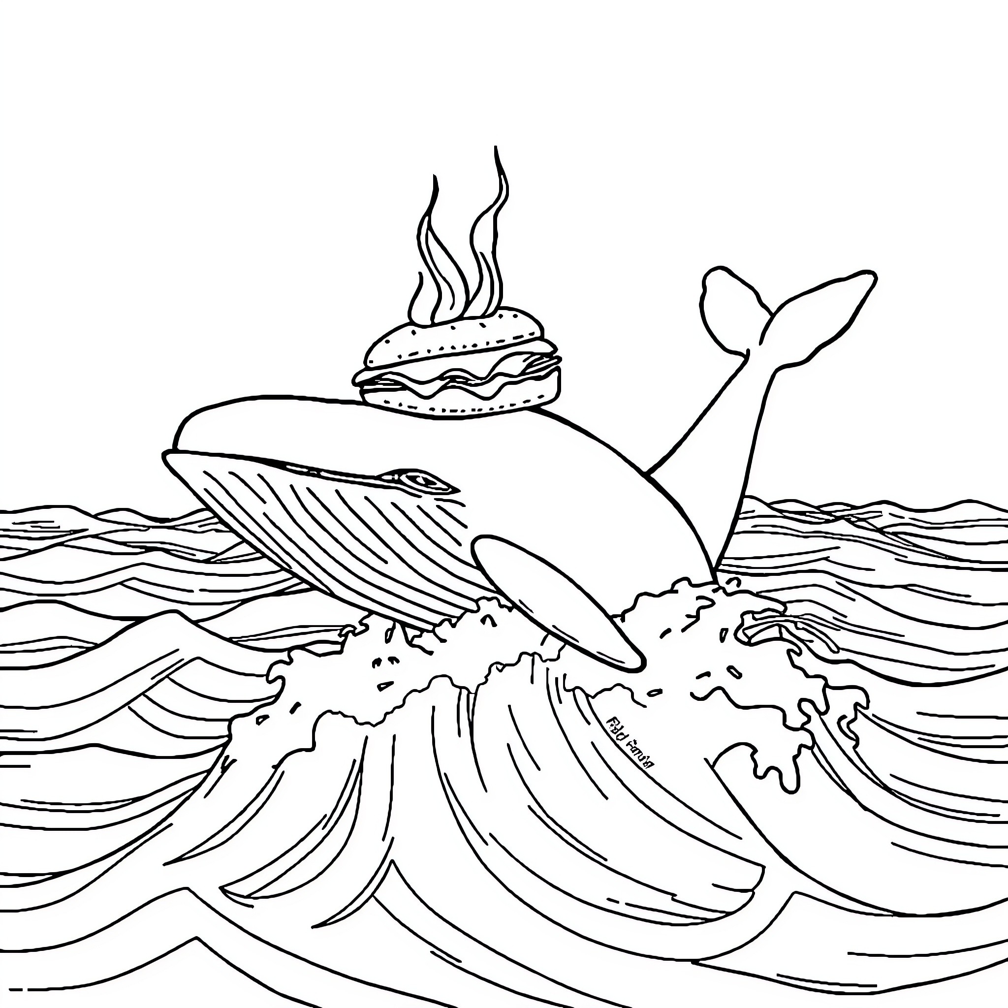 Hot Pocket Whale Surfing on Waves Coloring Page (free black-and-white line drawing printable PDF for all, from beginners to advanced learners, including children, teens, adults, and seniors)
