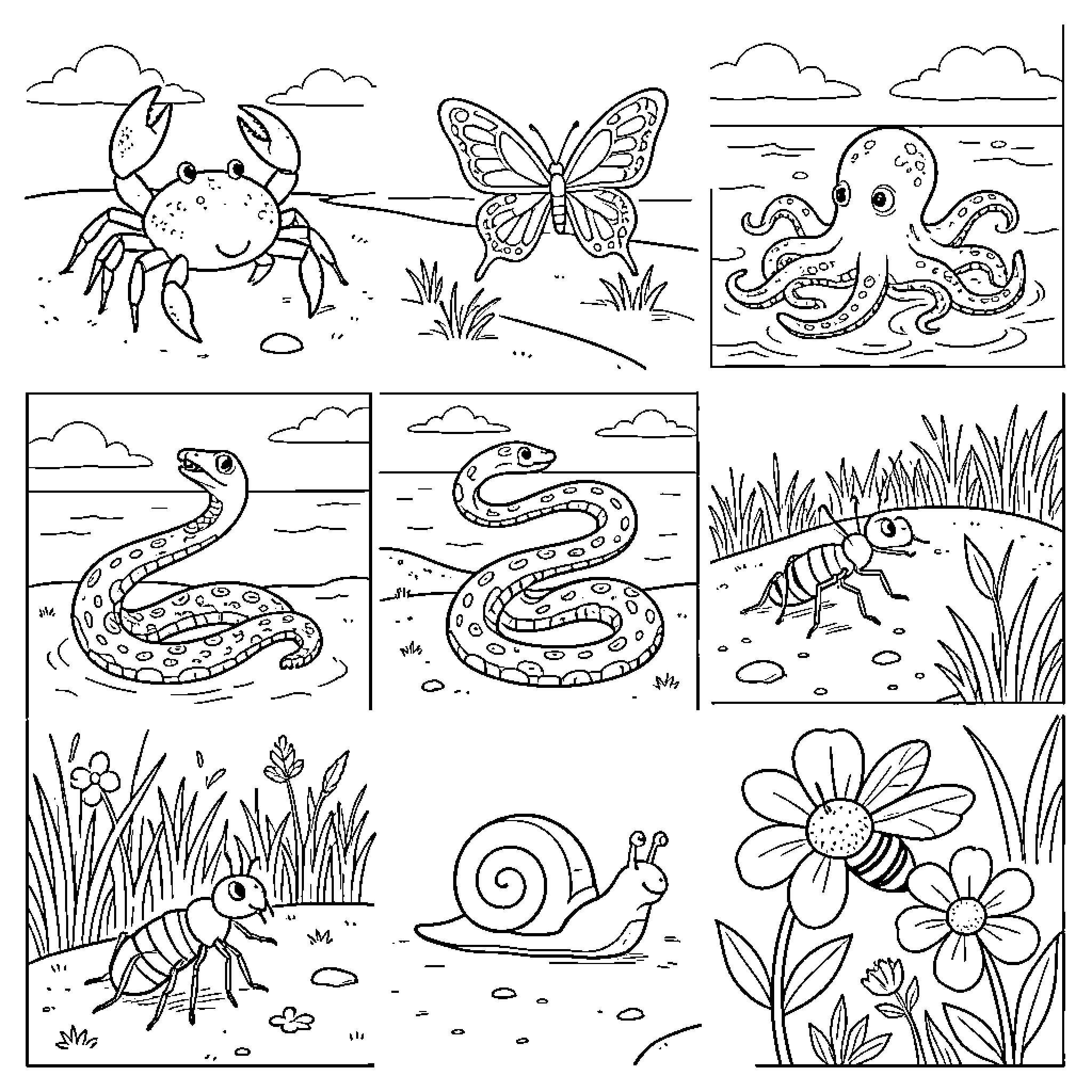 Crustacean and various animals in nature scenes Coloring Page (free black-and-white line drawing printable PDF for all, from beginners to advanced learners, including children, teens, adults, and seniors)
