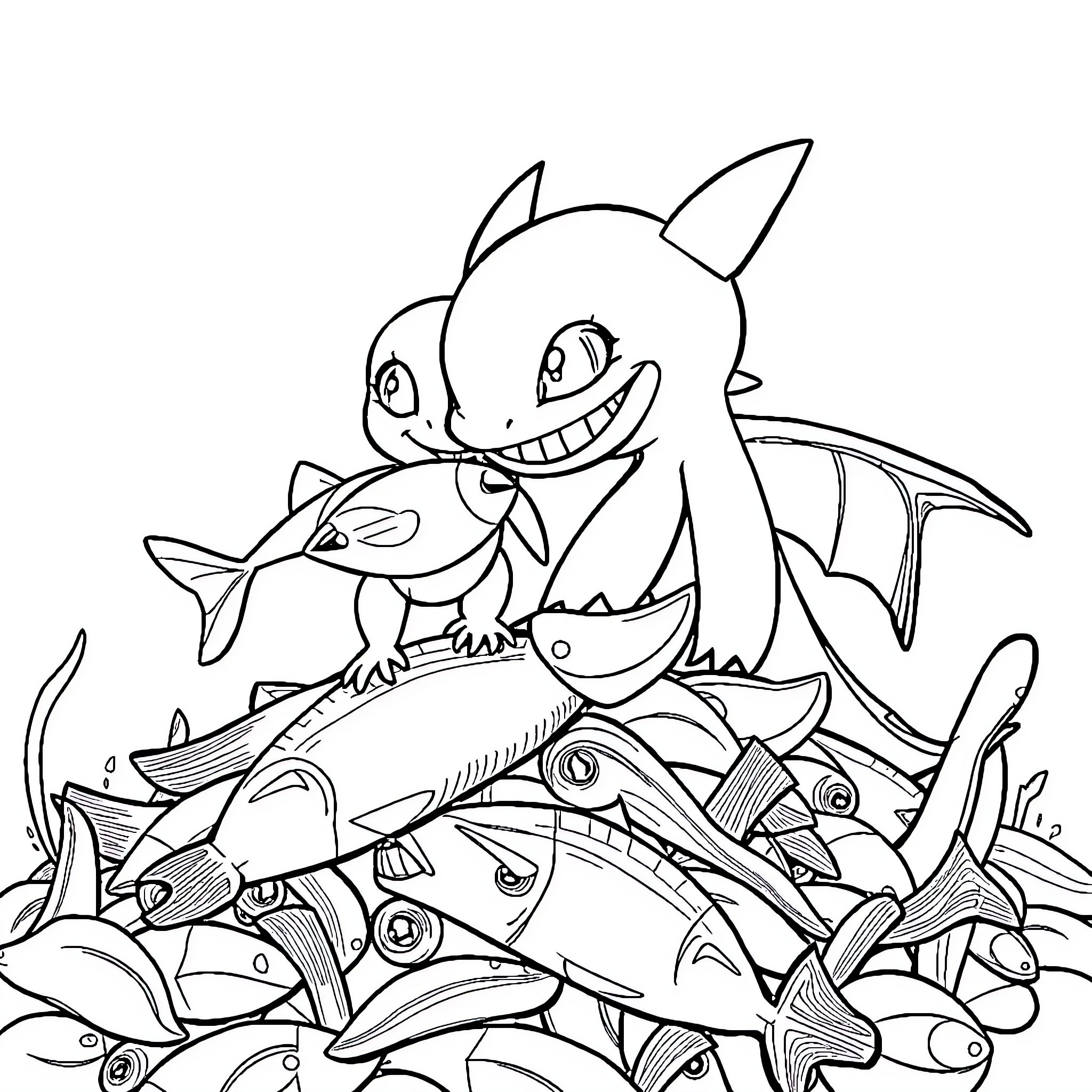 Toothless playfully surrounded by sea creatures Coloring Page (free black-and-white line drawing printable PDF for all, from beginners to advanced learners, including children, teens, adults, and seniors)