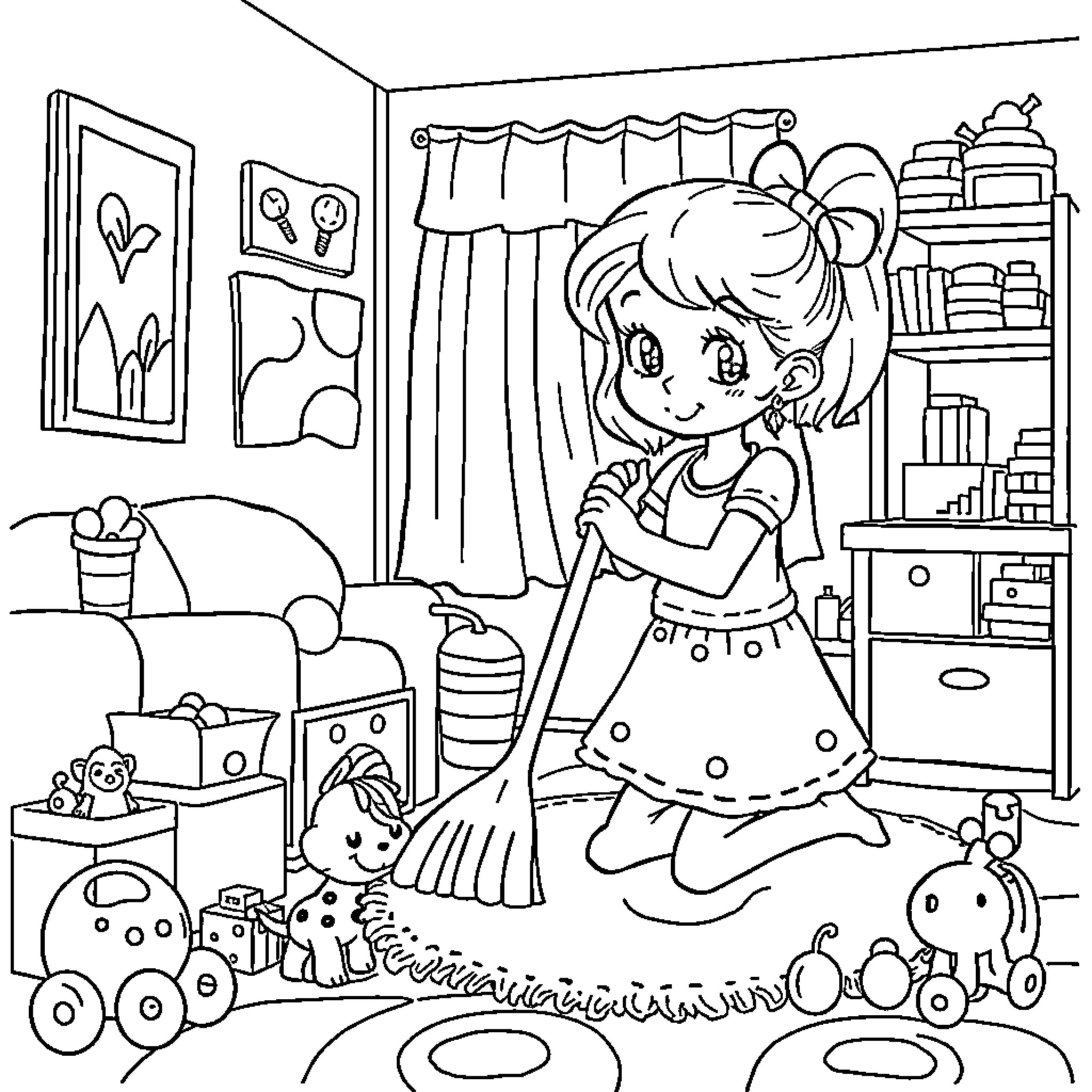 Bluey enjoying playtime in her bedroom Coloring Page (free black-and-white line drawing printable PDF for all, from beginners to advanced learners, including children, teens, adults, and seniors)