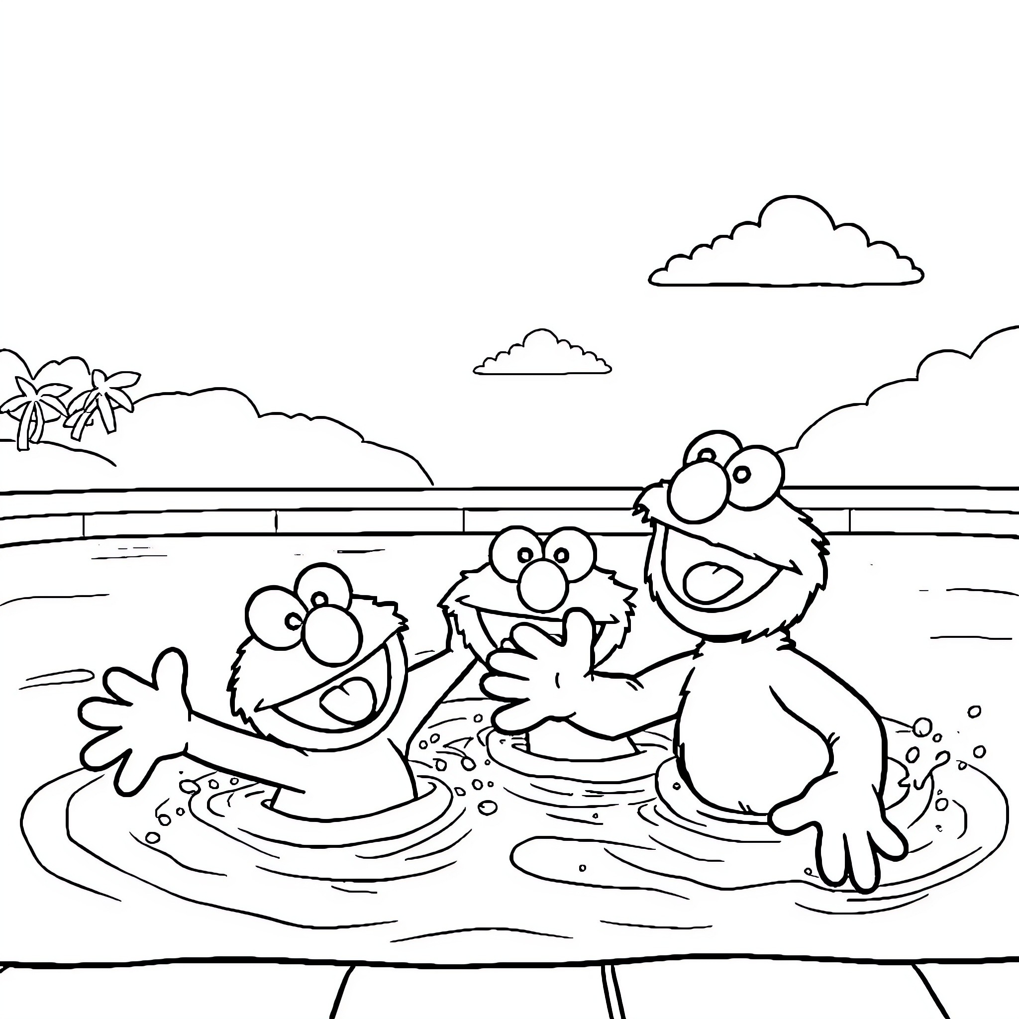 Elmo and friends having fun in the pool Coloring Page (free black-and-white line drawing printable PDF for all, from beginners to advanced learners, including children, teens, adults, and seniors)