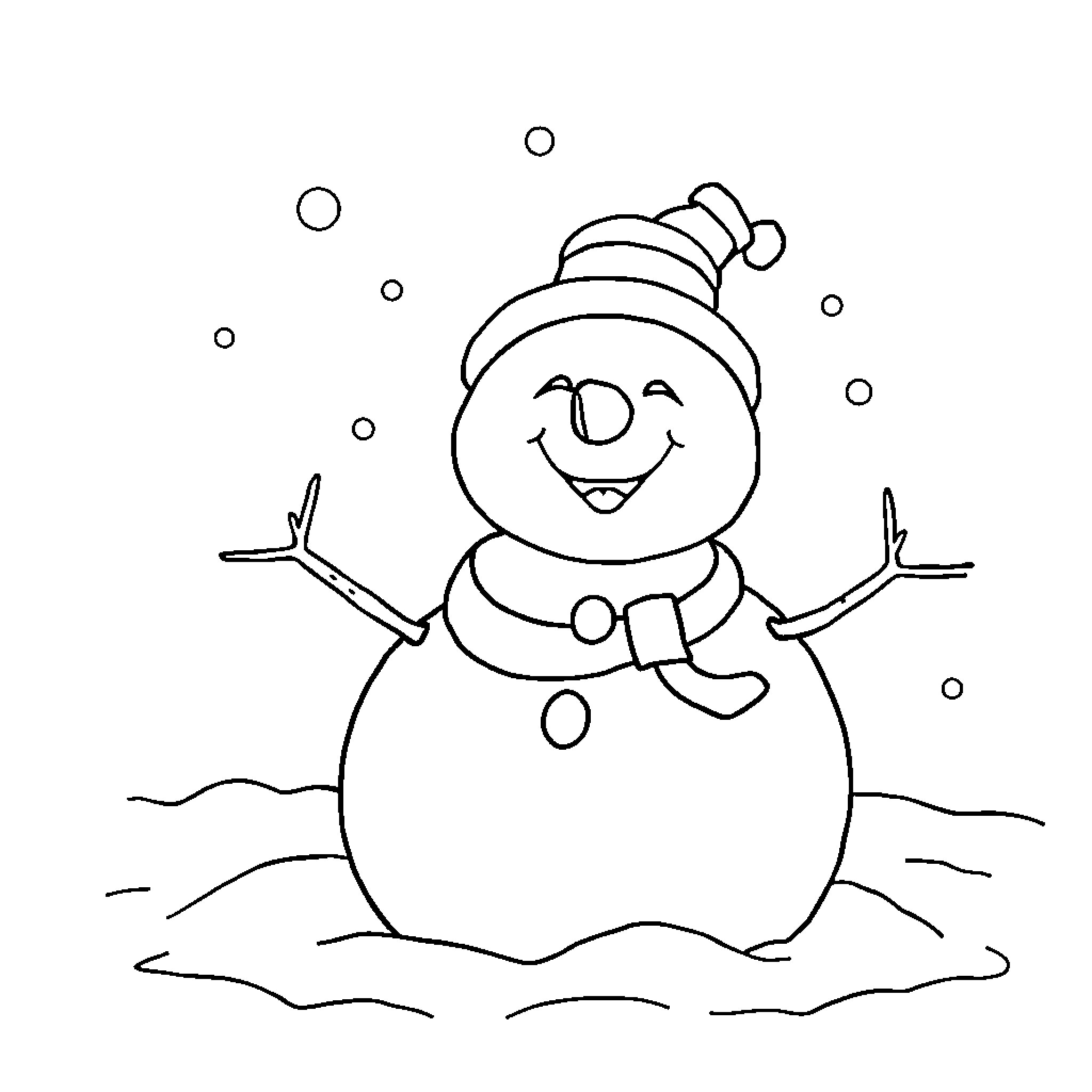 Snowman with a happy expression in the snow Coloring Page (free black-and-white line drawing printable PDF for all, from beginners to advanced learners, including children, teens, adults, and seniors)