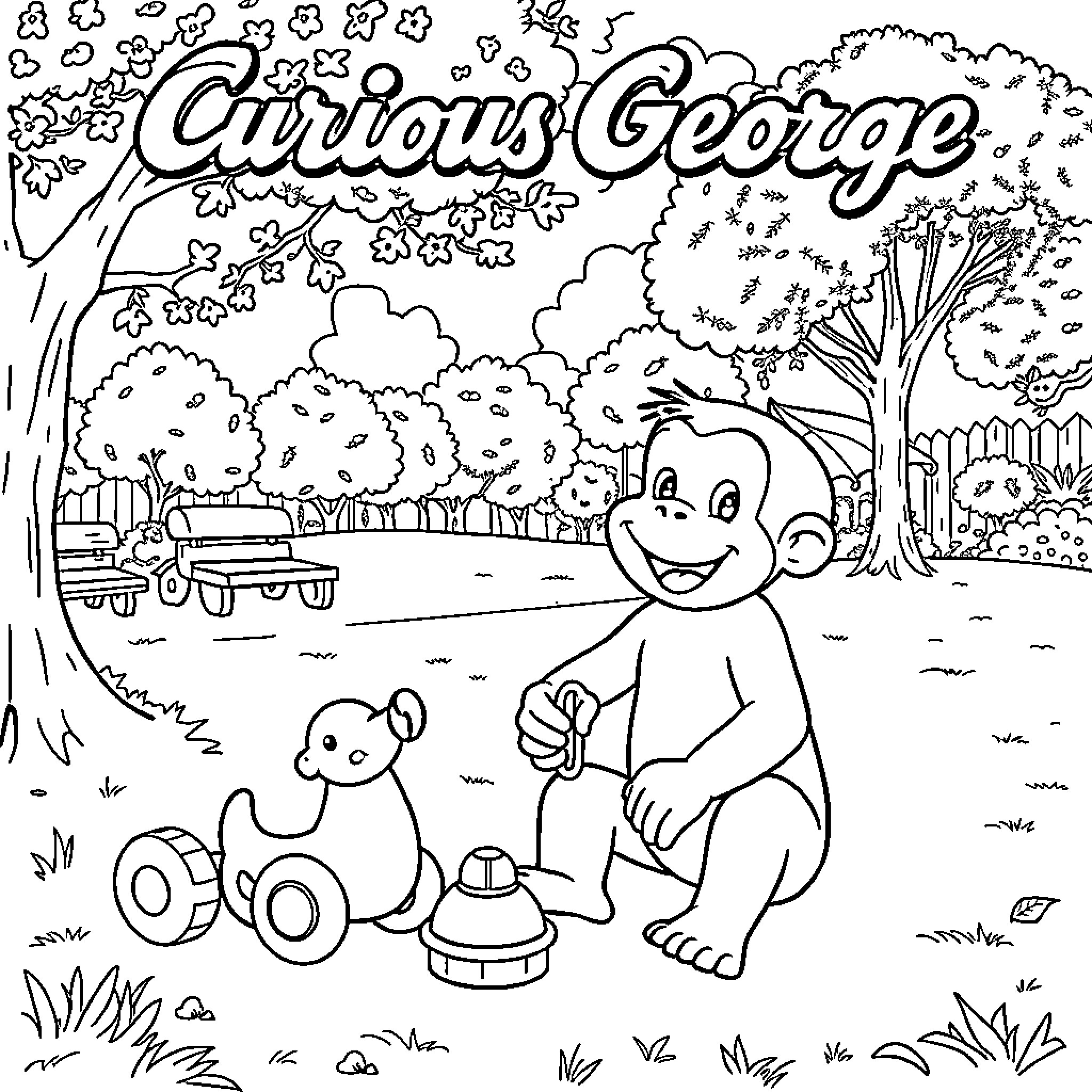 Curious George playing in the park with friends Coloring Page (free black-and-white line drawing printable PDF for all, from beginners to advanced learners, including children, teens, adults, and seniors)