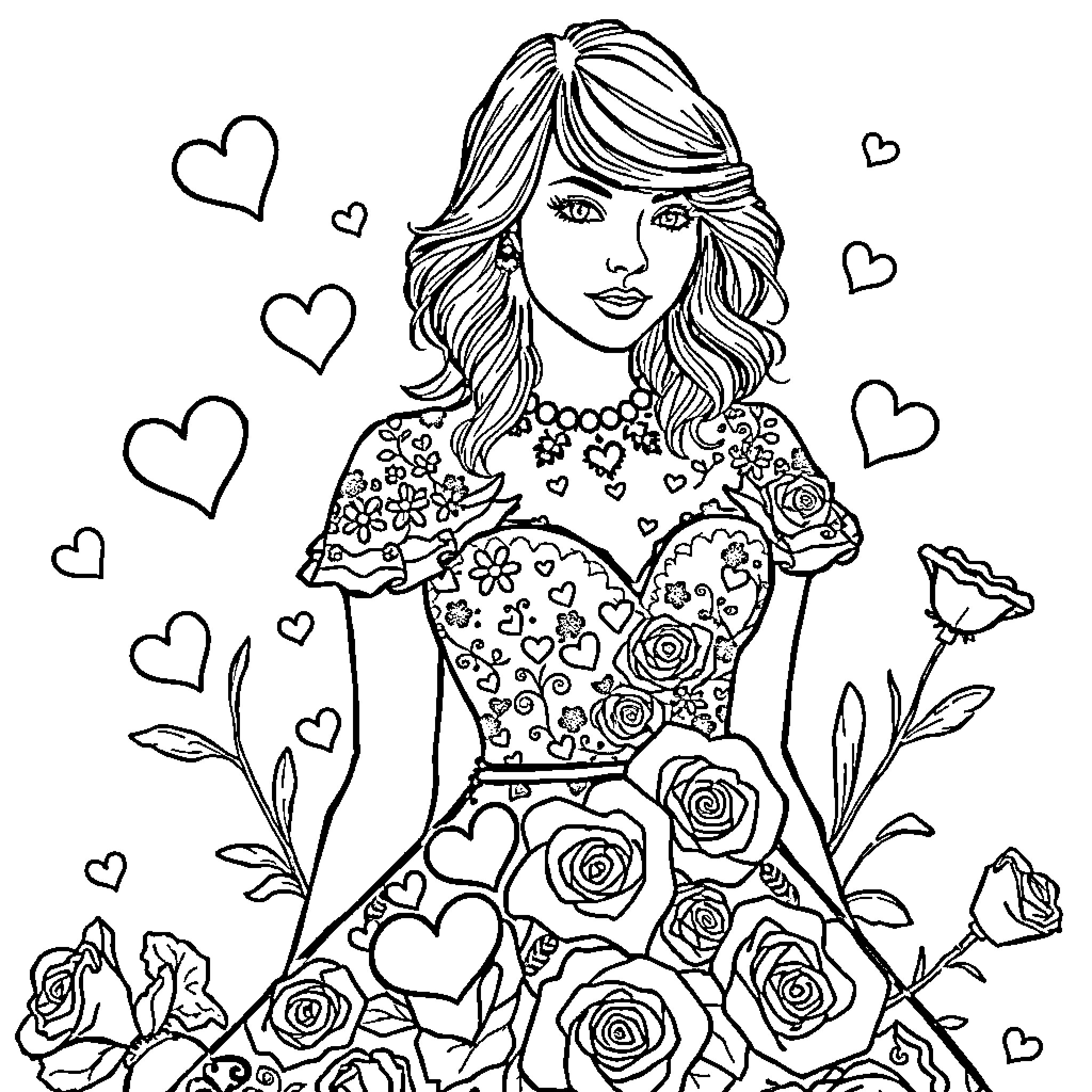 Taylor Swift surrounded by hearts and flowers Coloring Page (free black-and-white line drawing printable PDF for all, from beginners to advanced learners, including children, teens, adults, and seniors)