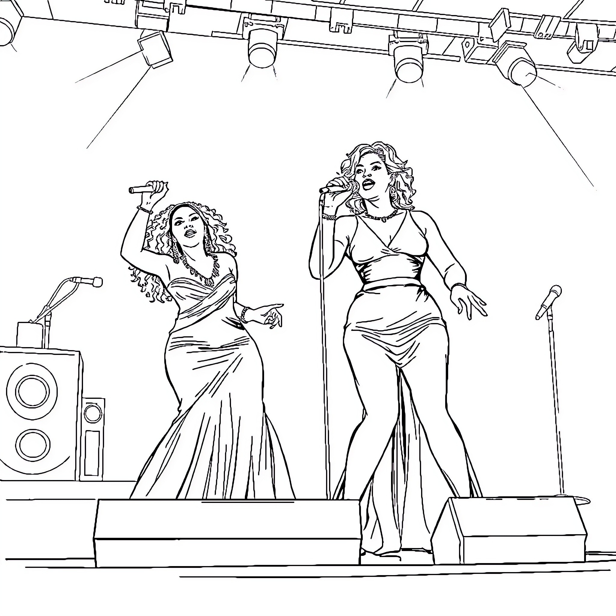 Beyonce and Dancer Performing on Stage Coloring Page (free black-and-white line drawing printable PDF for all, from beginners to advanced learners, including children, teens, adults, and seniors)