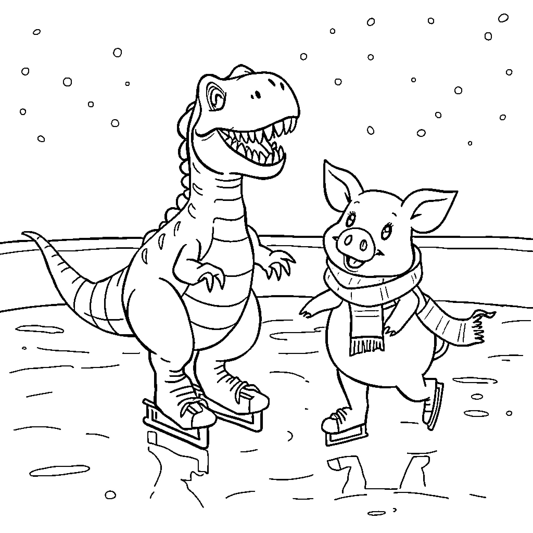 Dinosaur and pig ice skating together Coloring Page (free black-and-white line drawing printable PDF for all, from beginners to advanced learners, including children, teens, adults, and seniors)