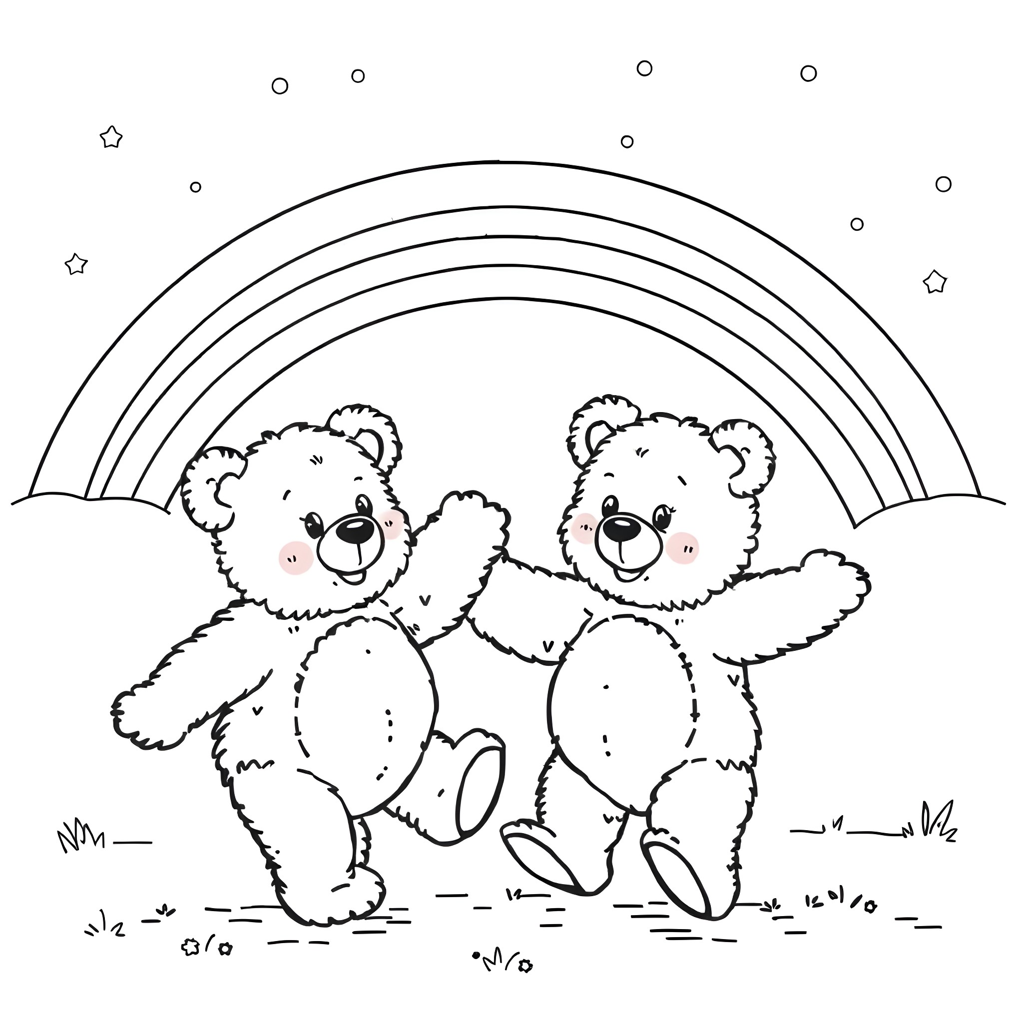 Teddy Bears enjoying a rainbow in the sky Coloring Page (free black-and-white line drawing printable PDF for all, from beginners to advanced learners, including children, teens, adults, and seniors)