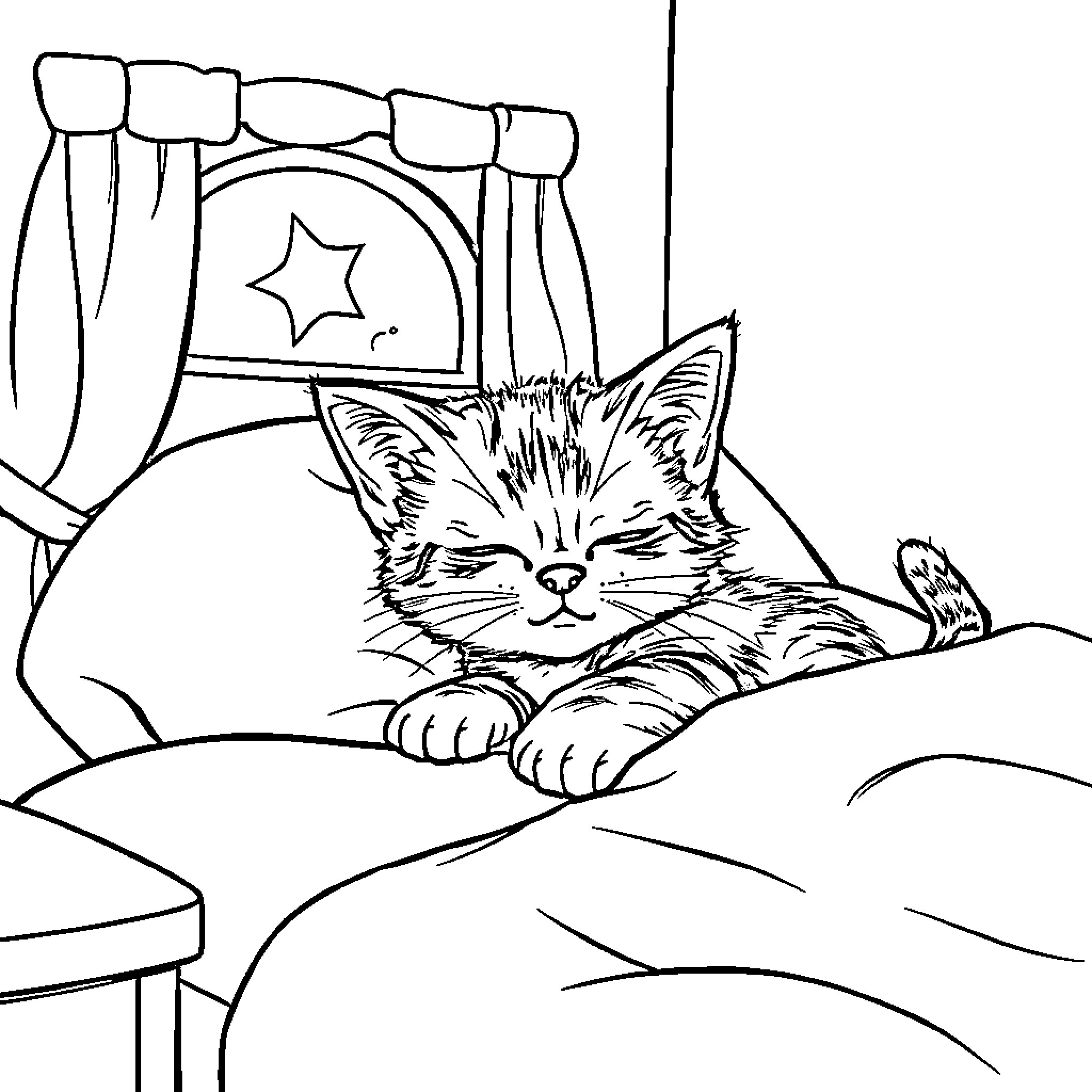 Cat sleeping peacefully in bed Coloring Page (free black-and-white line drawing printable PDF for all, from beginners to advanced learners, including children, teens, adults, and seniors)