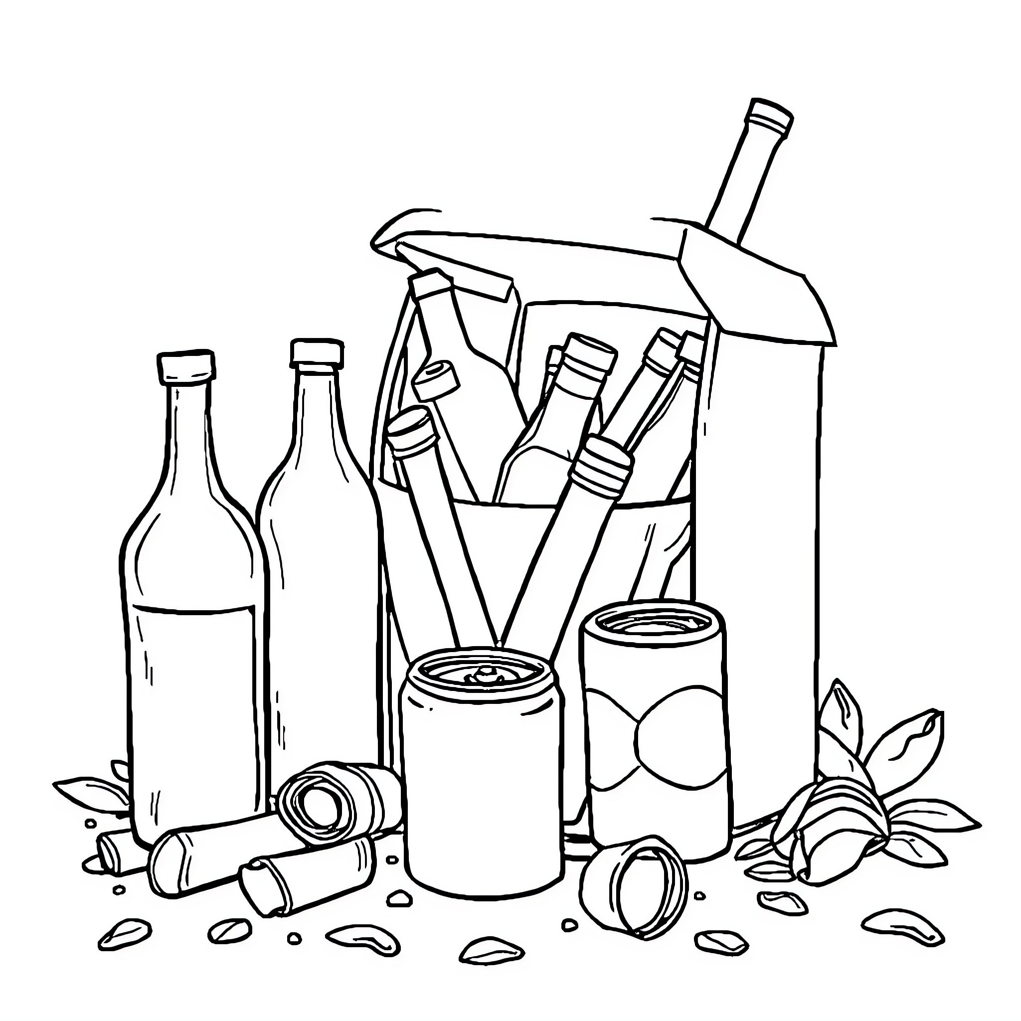 Recycling various glass and metal containers Coloring Page (free black-and-white line drawing printable PDF for all, from beginners to advanced learners, including children, teens, adults, and seniors)