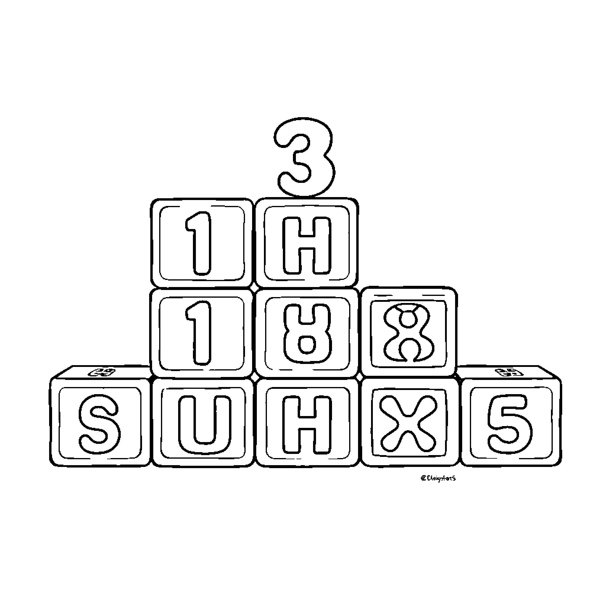 Number Blocks with Symbols and Letters Coloring Page (free black-and-white line drawing printable PDF for all, from beginners to advanced learners, including children, teens, adults, and seniors)