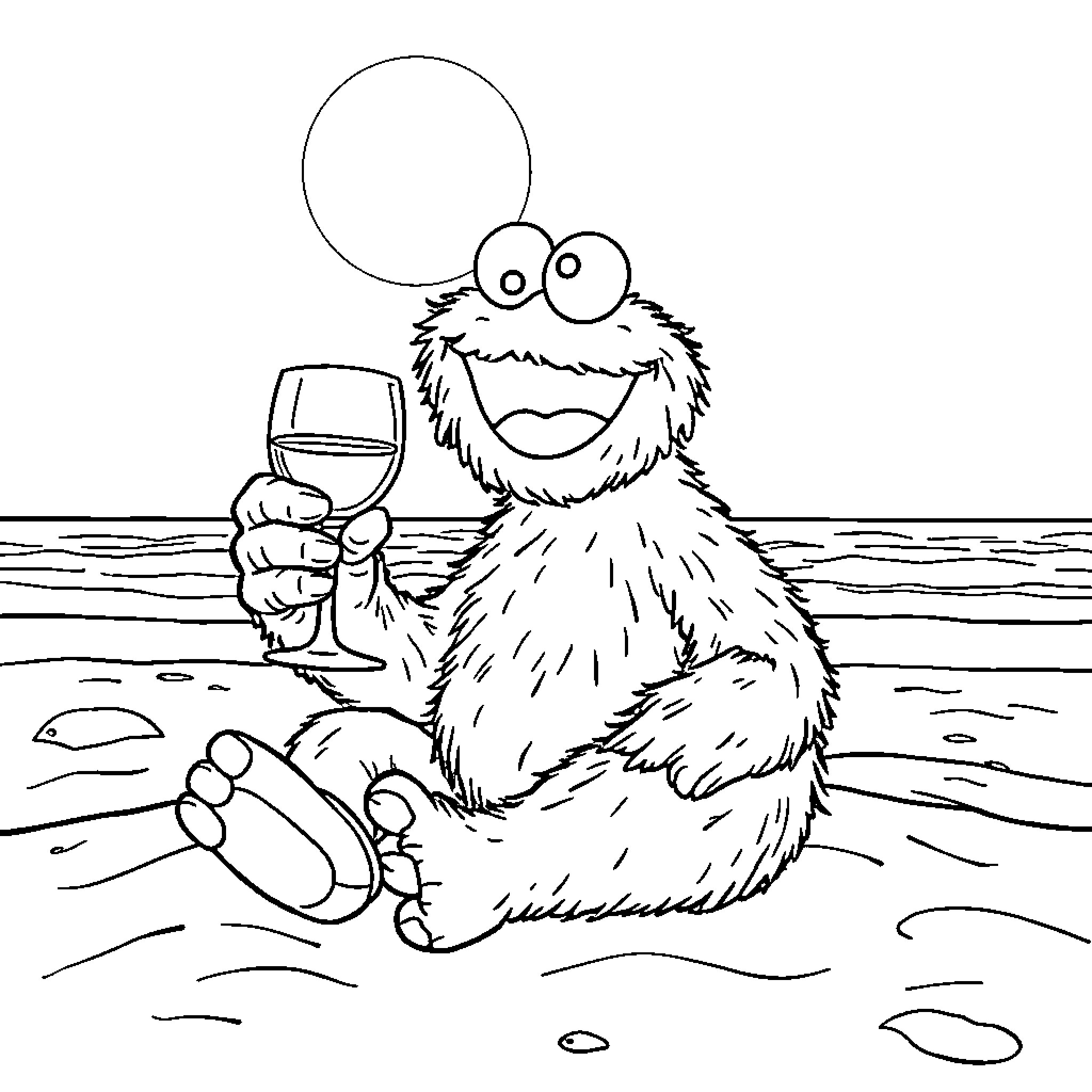 Cookie Monster relaxing on the beach with wine Coloring Page (free black-and-white line drawing printable PDF for all, from beginners to advanced learners, including children, teens, adults, and seniors)