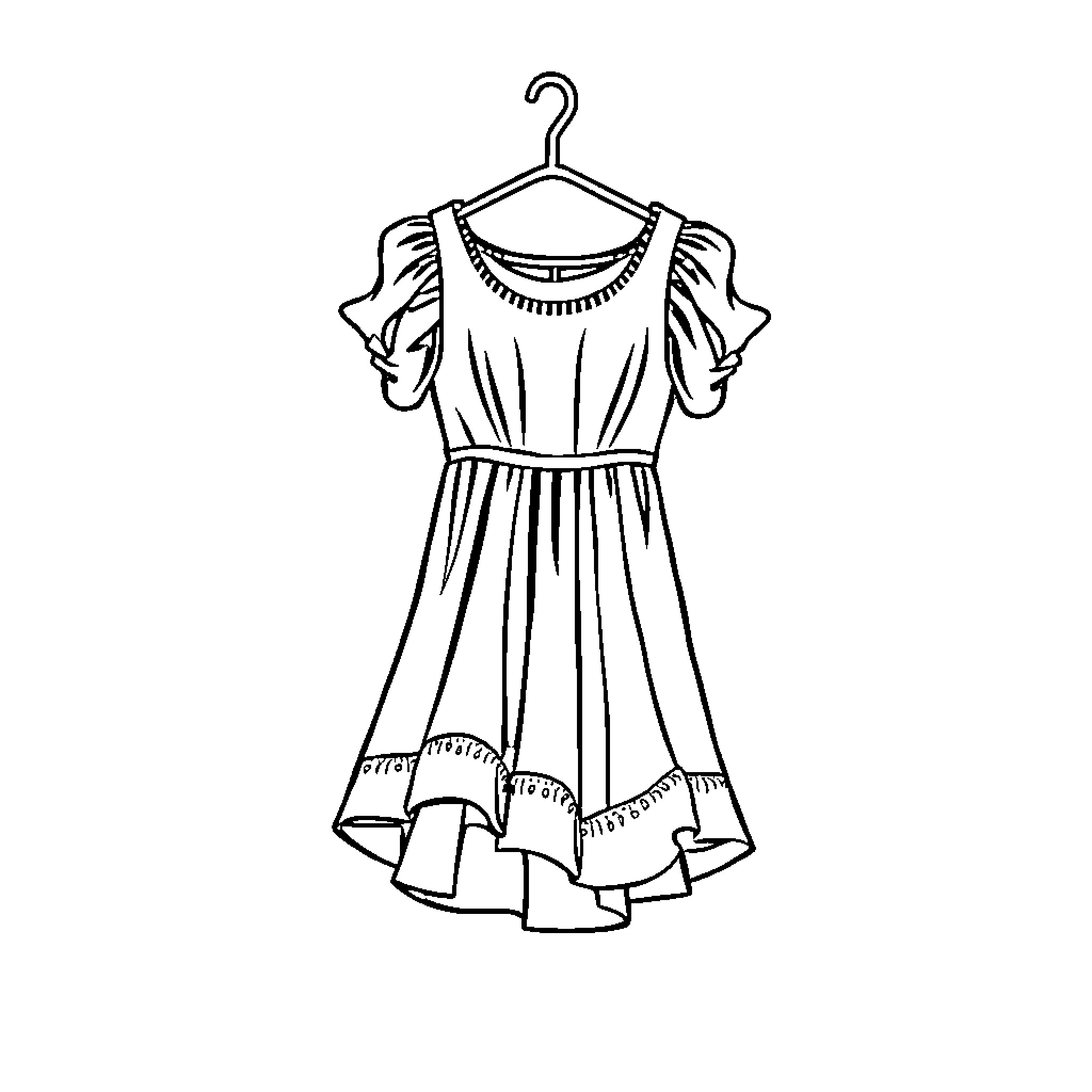 Dress with puffed sleeves and ruffled skirt Coloring Page (free black-and-white line drawing printable PDF for all, from beginners to advanced learners, including children, teens, adults, and seniors)