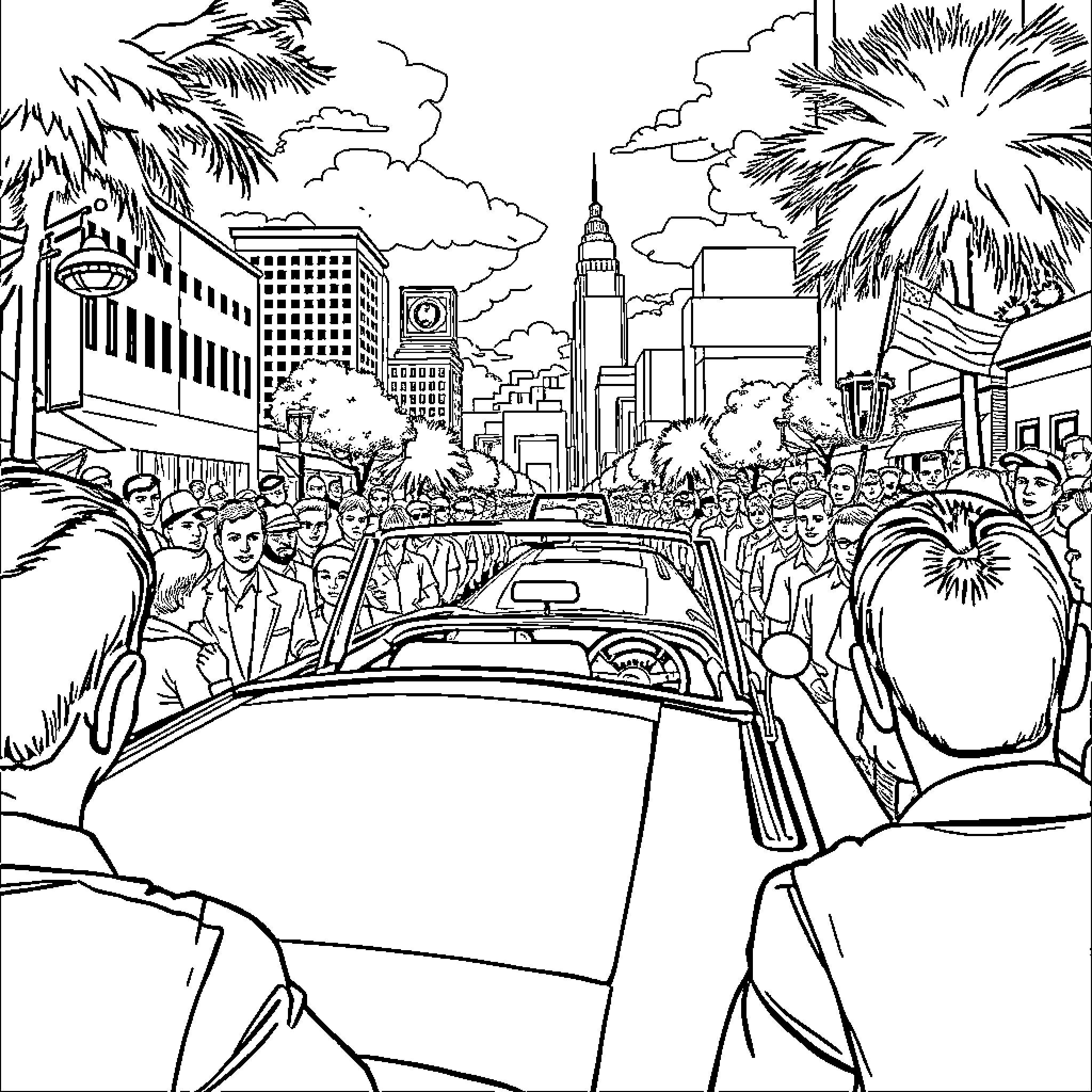 John F Kennedy Motorcade in Crowded City Coloring Page (free black-and-white line drawing printable PDF for all, from beginners to advanced learners, including children, teens, adults, and seniors)