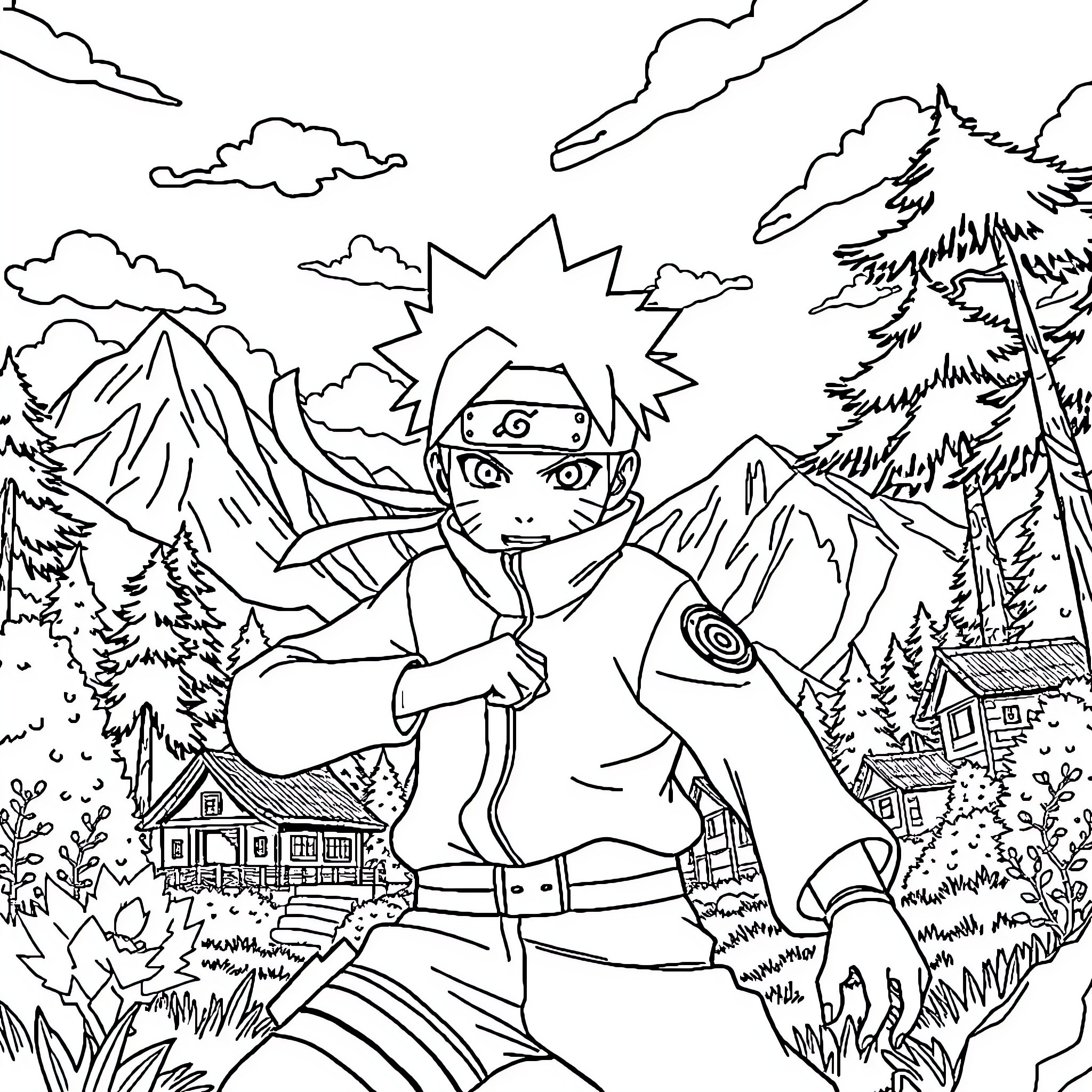 Naruto Ninja Warrior in Outdoor Adventure Coloring Page (free black-and-white line drawing printable PDF for all, from beginners to advanced learners, including children, teens, adults, and seniors)