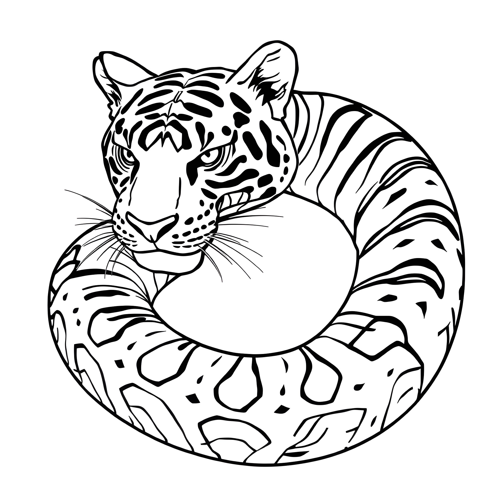 Snake-like tiger curled up and resting Coloring Page (free black-and-white line drawing printable PDF for all, from beginners to advanced learners, including children, teens, adults, and seniors)