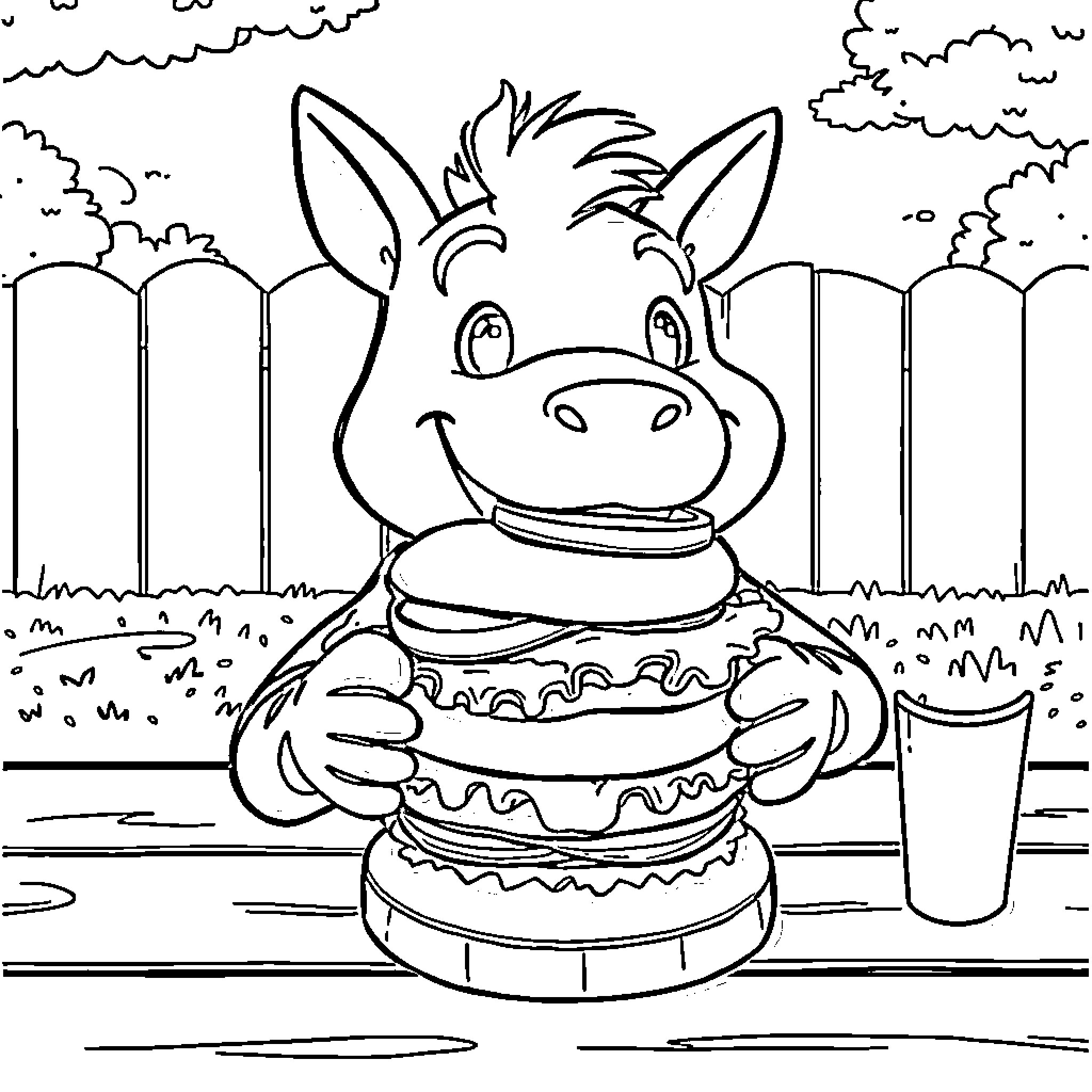 Huntrix Holding a Large Burger Coloring Page (free black-and-white line drawing printable PDF for all, from beginners to advanced learners, including children, teens, adults, and seniors)