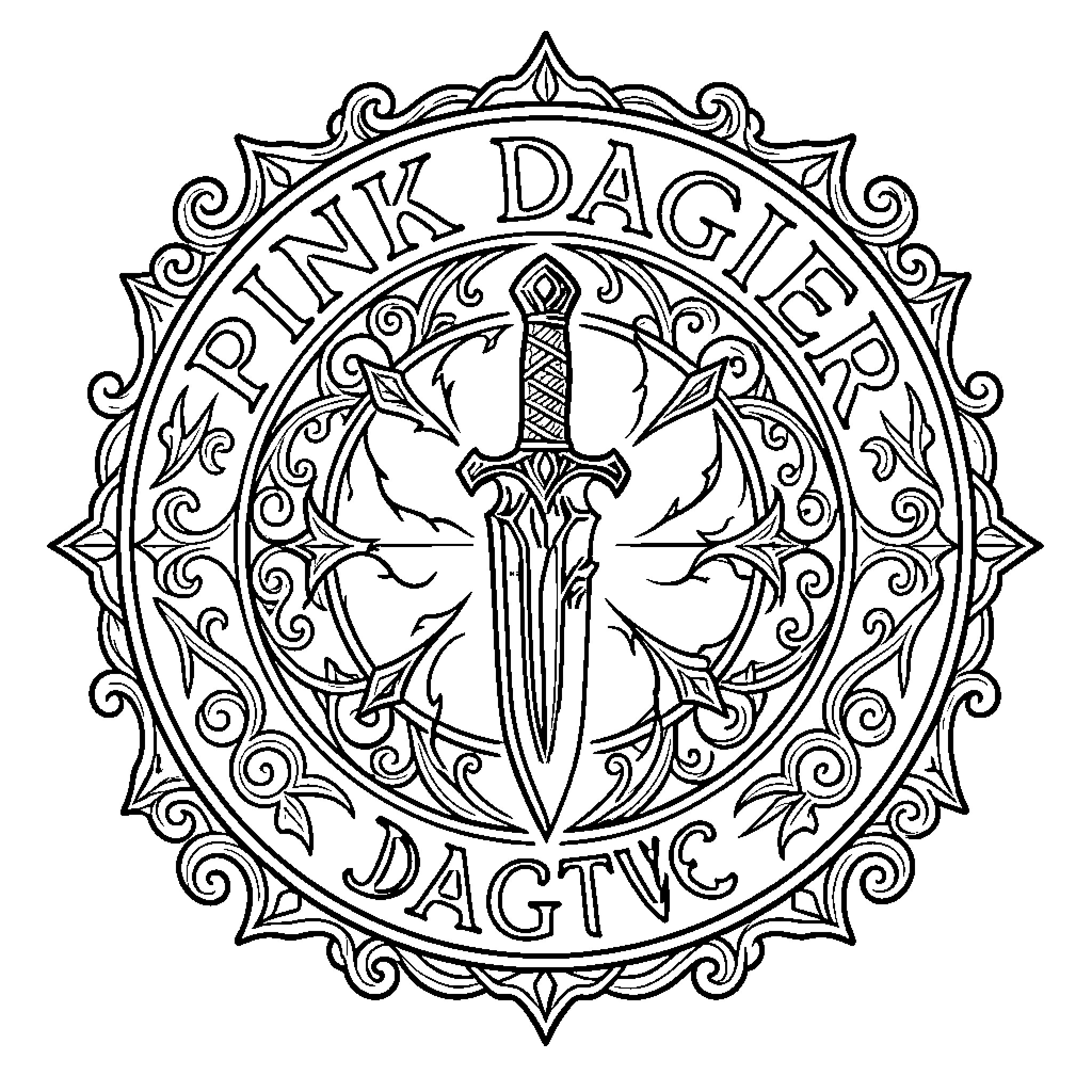Dagger in ornate decorative frame Coloring Page (free black-and-white line drawing printable PDF for all, from beginners to advanced learners, including children, teens, adults, and seniors)
