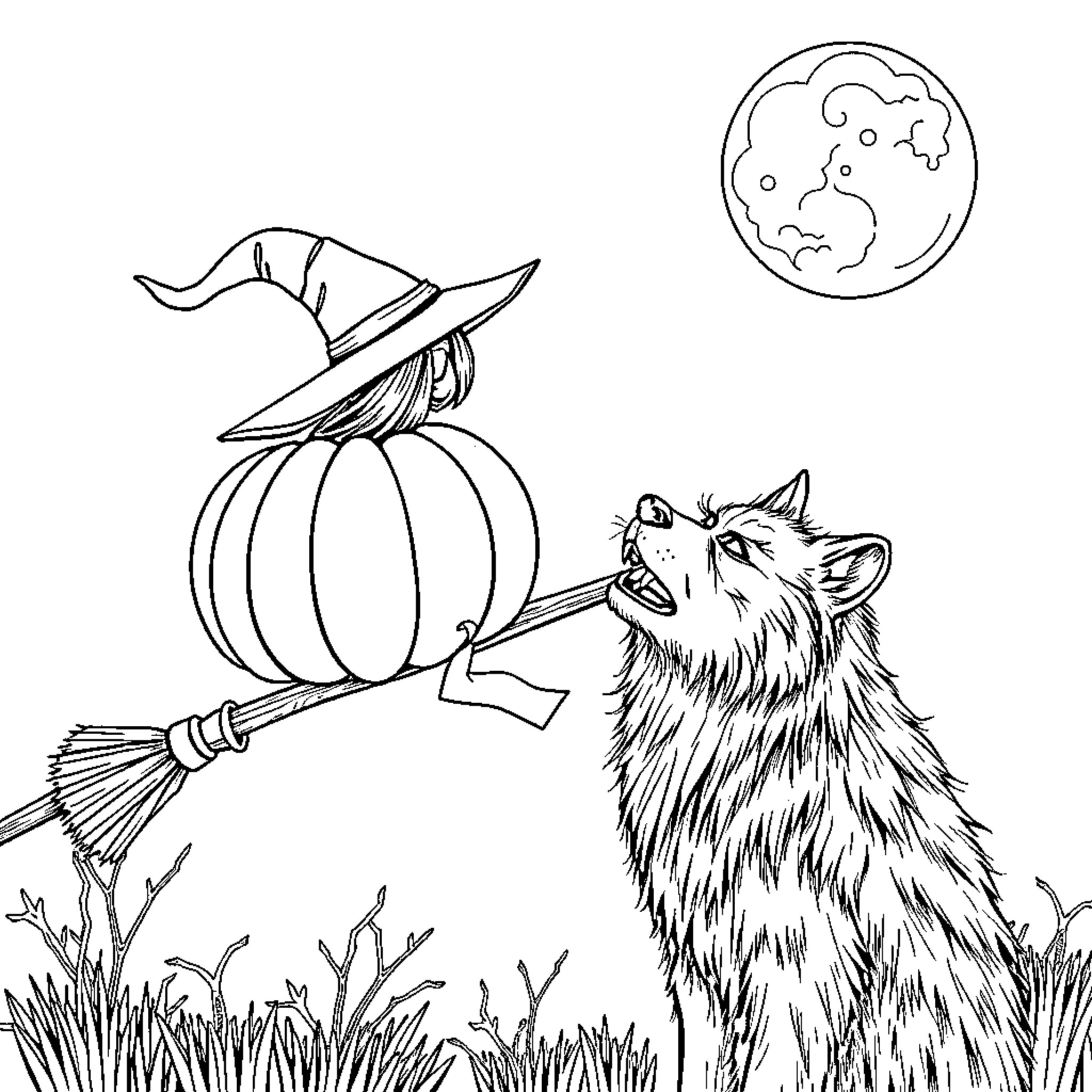Pumpkin-Riding Witch and Howling Wolf under Moonlight Coloring Page (free black-and-white line drawing printable PDF for all, from beginners to advanced learners, including children, teens, adults, and seniors)
