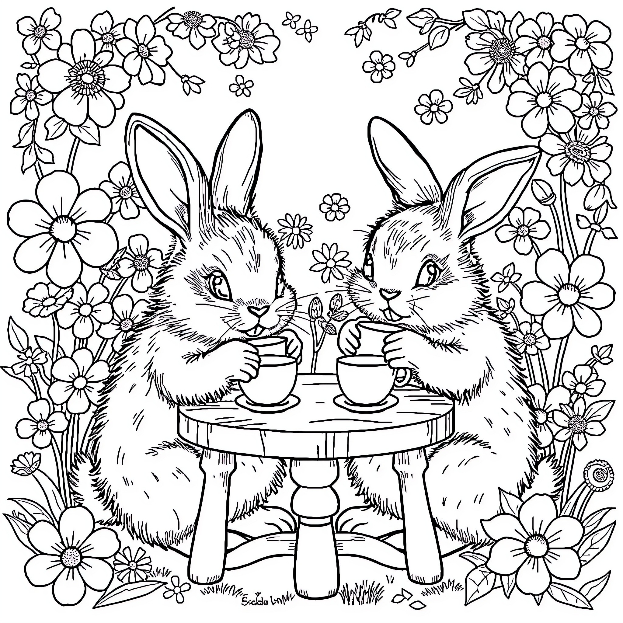Bunny friends enjoying tea time in floral garden Coloring Page (free black-and-white line drawing printable PDF for all, from beginners to advanced learners, including children, teens, adults, and seniors)