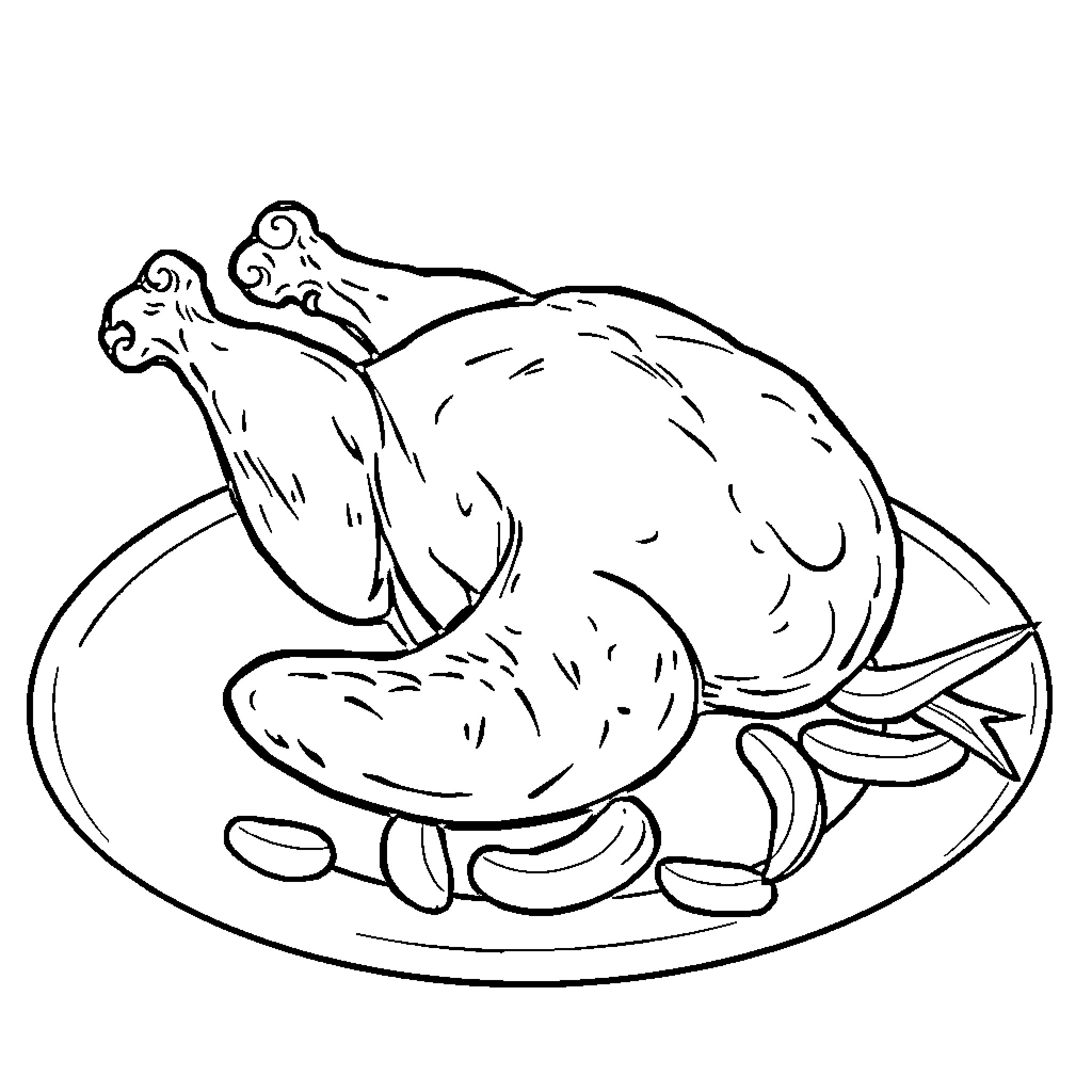 Chicken roasted on a platter Coloring Page (free black-and-white line drawing printable PDF for all, from beginners to advanced learners, including children, teens, adults, and seniors)