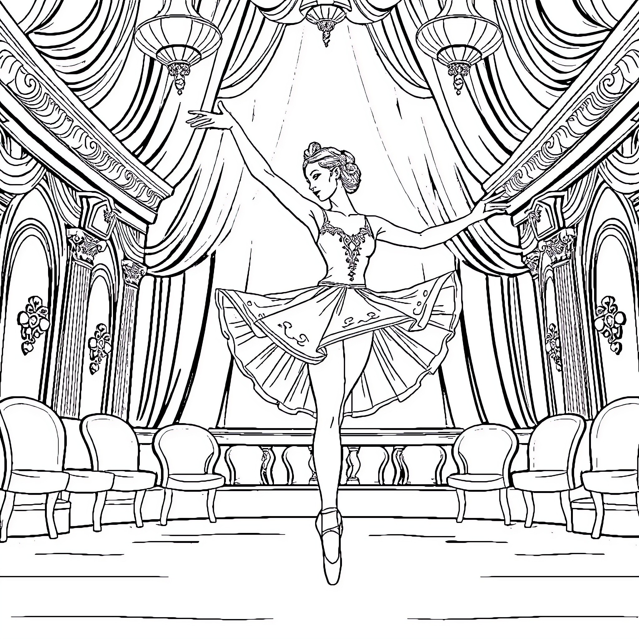 Ballerina performing on stage in ornate theater Coloring Page (free black-and-white line drawing printable PDF for all, from beginners to advanced learners, including children, teens, adults, and seniors)