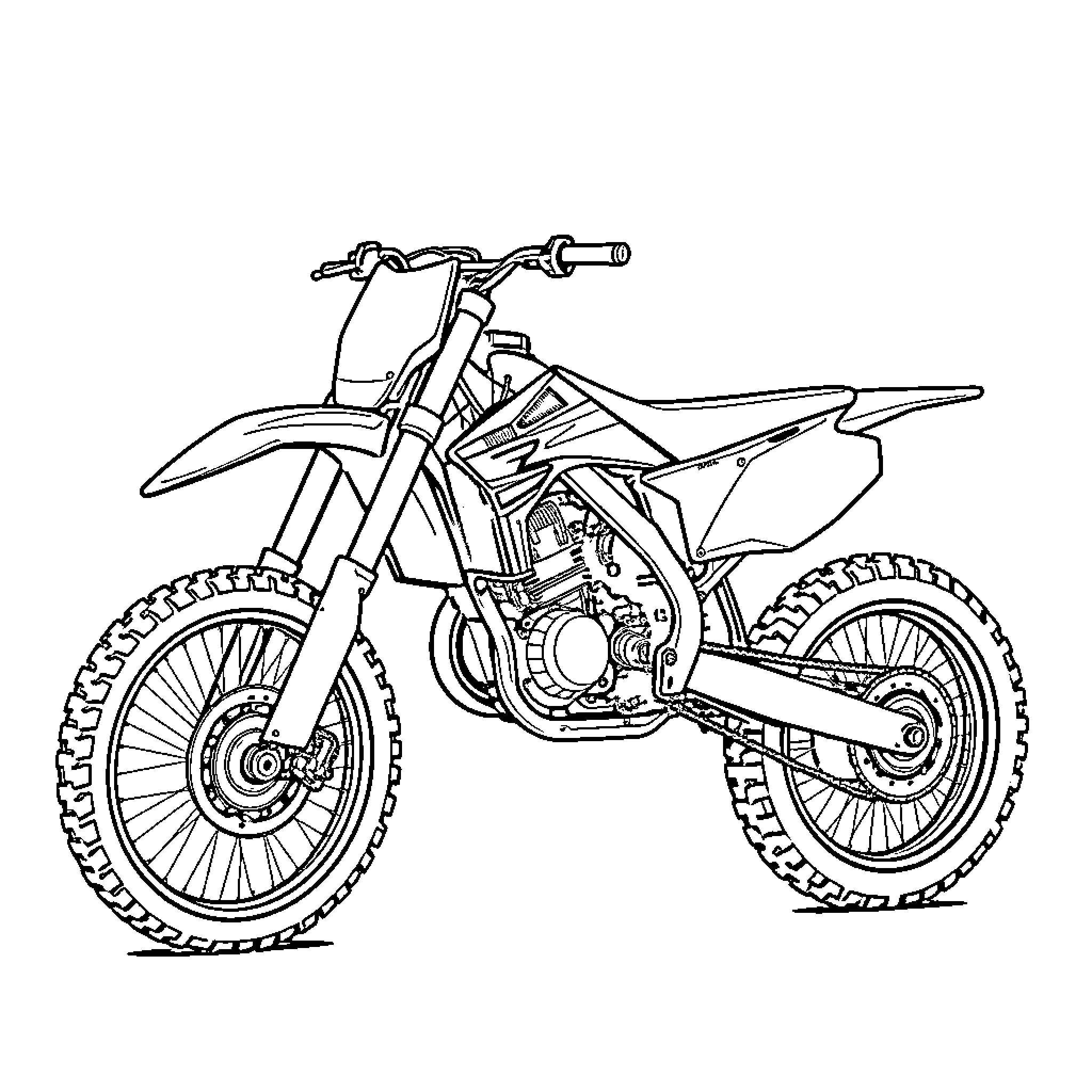 Yamaha Dirt Bike in Action Coloring Page (free black-and-white line drawing printable PDF for all, from beginners to advanced learners, including children, teens, adults, and seniors)