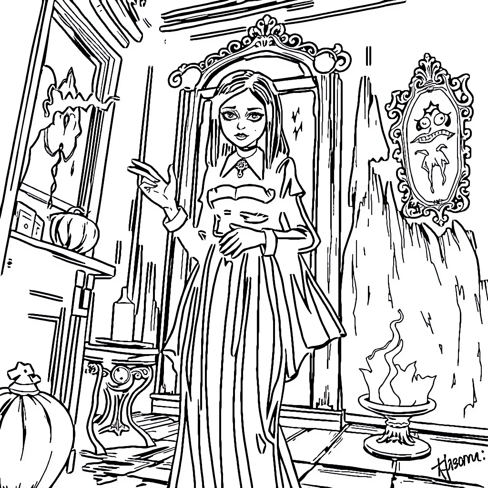 Wednesday Adams in a Mysterious and Haunting Scene Coloring Page (free black-and-white line drawing printable PDF for all, from beginners to advanced learners, including children, teens, adults, and seniors)