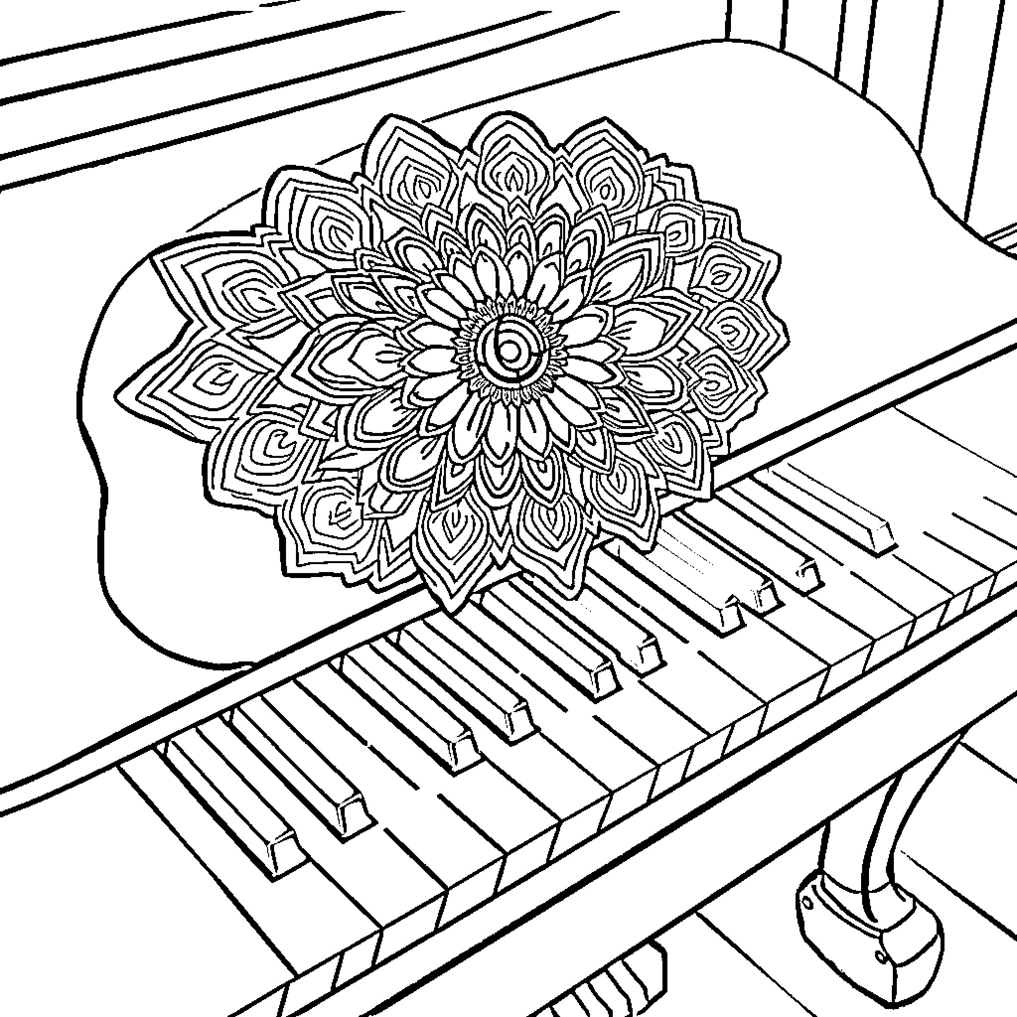 Mandalas decorating a musical instrument Coloring Page (free black-and-white line drawing printable PDF for all, from beginners to advanced learners, including children, teens, adults, and seniors)