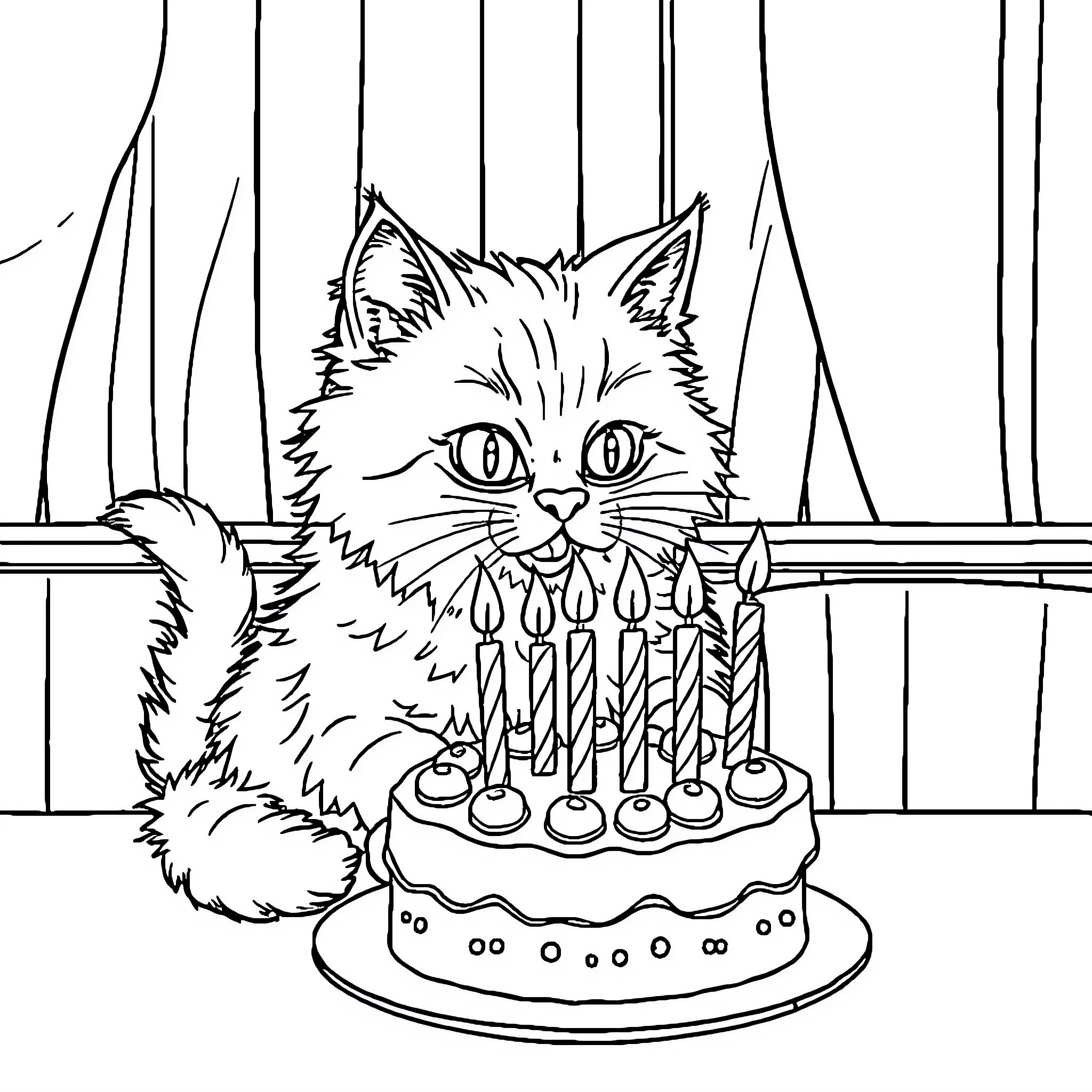 Cat celebrating birthday with cake Coloring Page (free black-and-white line drawing printable PDF for all, from beginners to advanced learners, including children, teens, adults, and seniors)