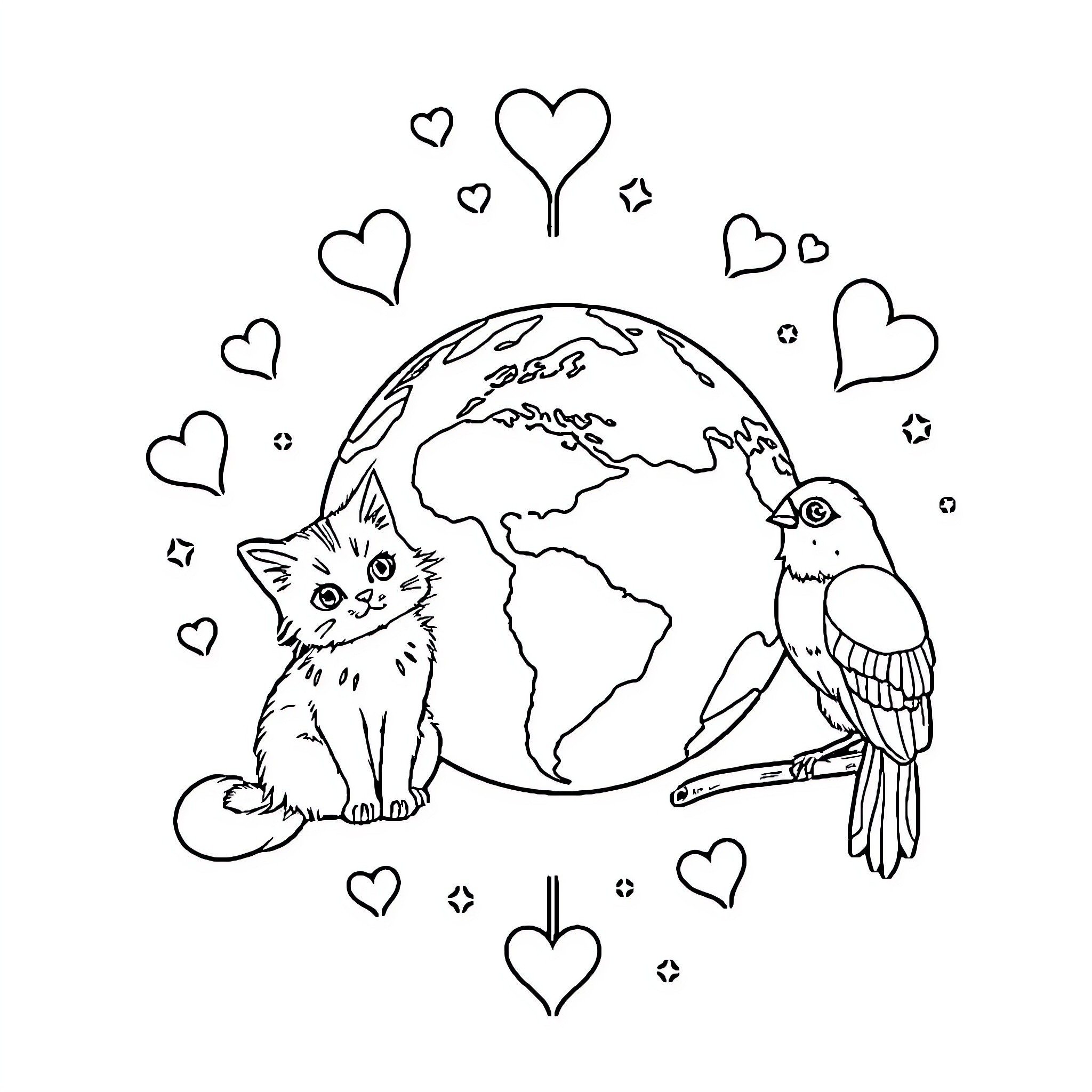 Earth's Whimsical Creatures and Affection Coloring Page (free black-and-white line drawing printable PDF for all, from beginners to advanced learners, including children, teens, adults, and seniors)