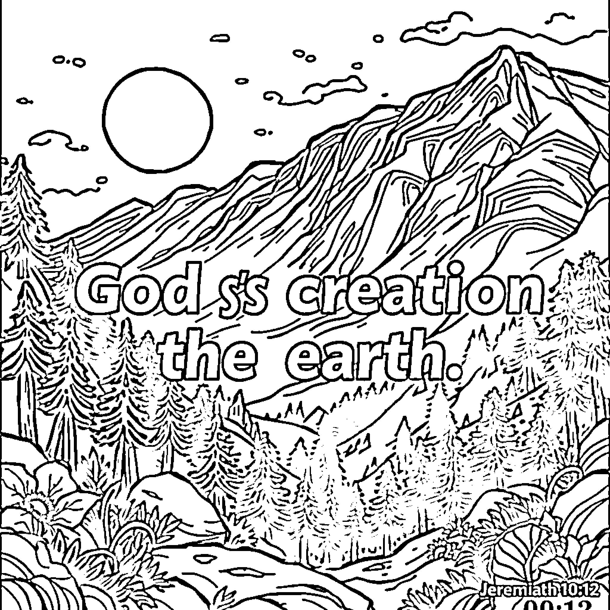 Bible scene depicting God's creation of the earth Coloring Page (free black-and-white line drawing printable PDF for all, from beginners to advanced learners, including children, teens, adults, and seniors)