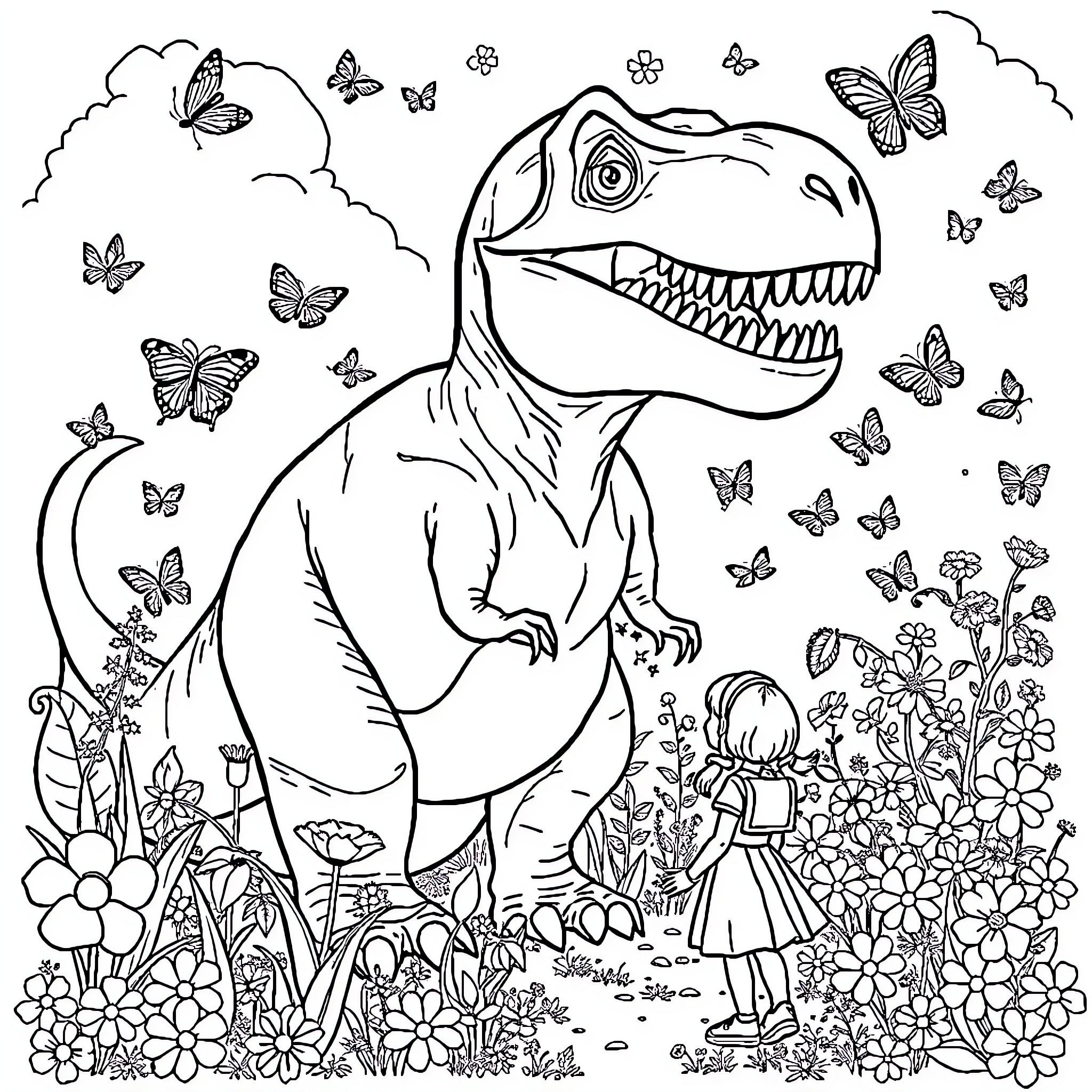 T-Rex chasing butterflies in a floral garden Coloring Page (free black-and-white line drawing printable PDF for all, from beginners to advanced learners, including children, teens, adults, and seniors)