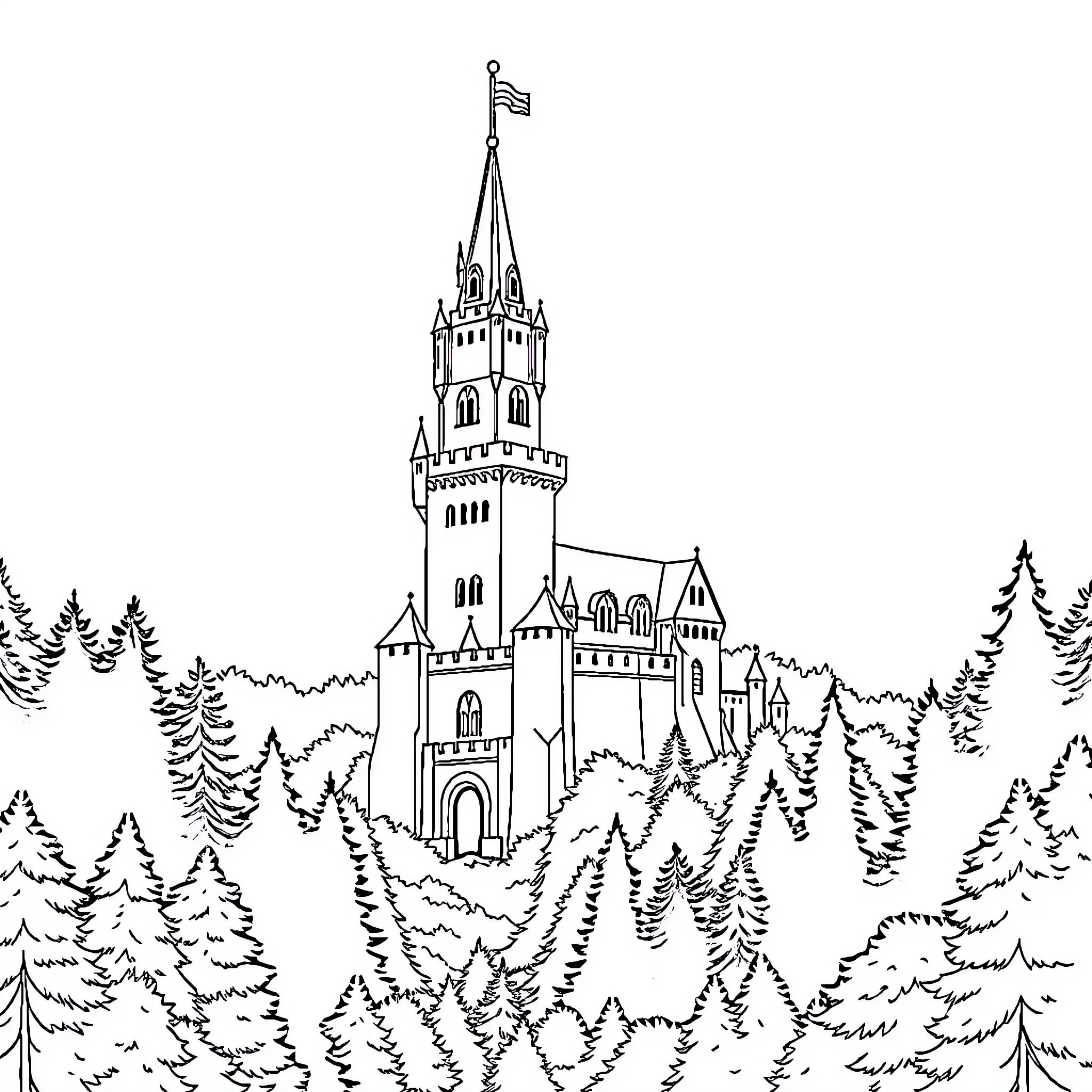Castle Standing Tall Amidst Forested Landscape Coloring Page (free black-and-white line drawing printable PDF for all, from beginners to advanced learners, including children, teens, adults, and seniors)