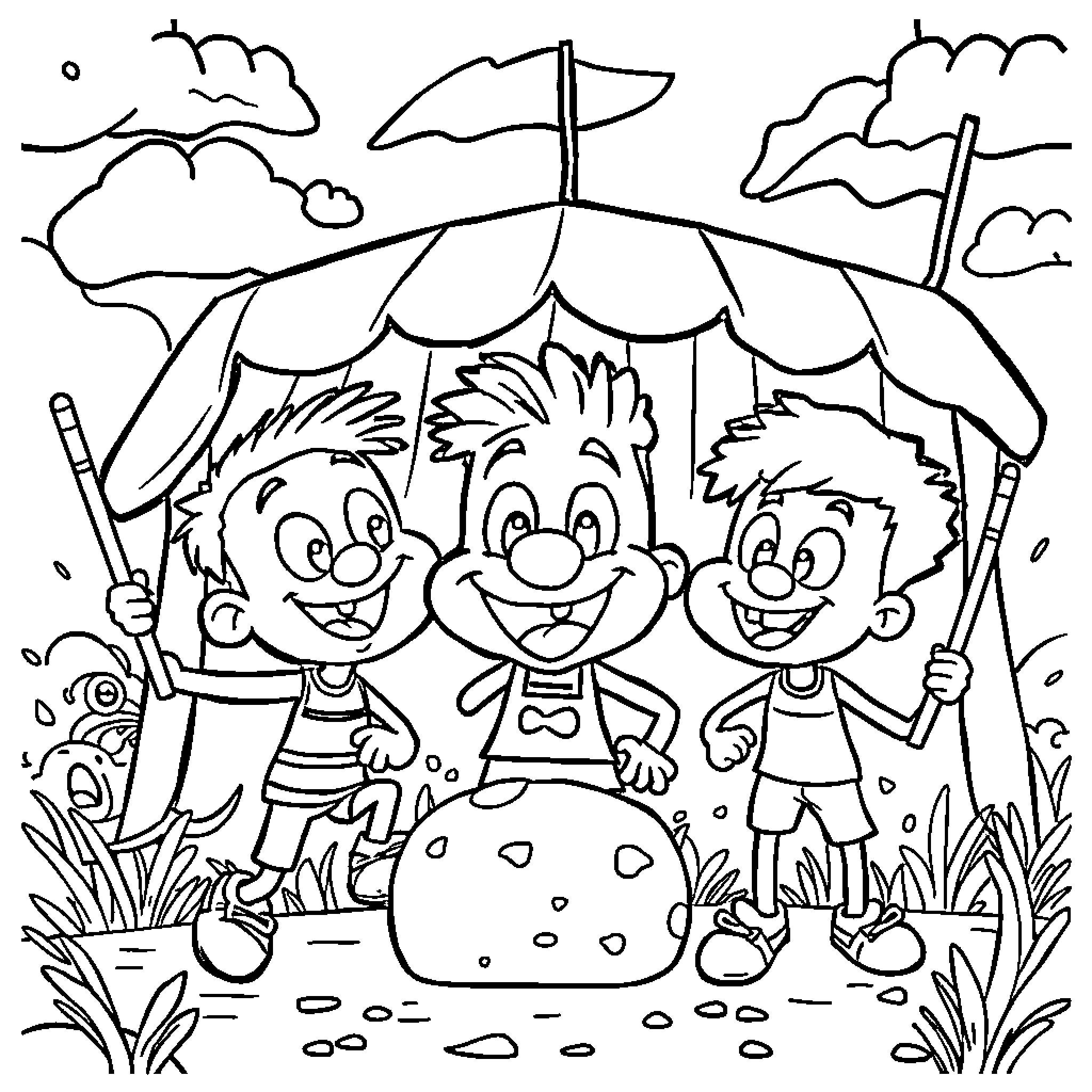 BFDI Trio Enjoying a Sunny Day Outdoors Coloring Page (free black-and-white line drawing printable PDF for all, from beginners to advanced learners, including children, teens, adults, and seniors)