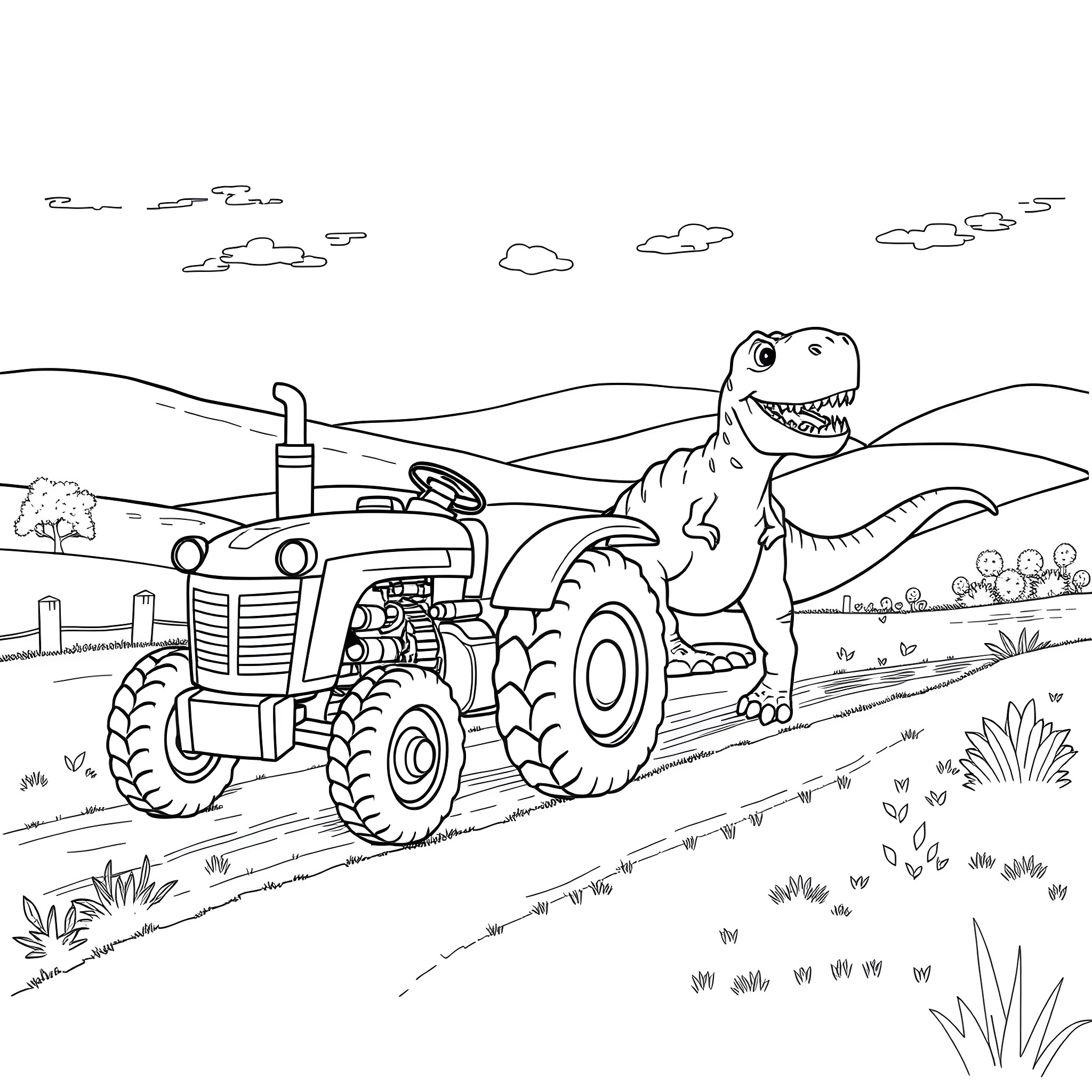 Tractor Towing Playful Dinosaur Through Rural Landscape Coloring Page (free black-and-white line drawing printable PDF for all, from beginners to advanced learners, including children, teens, adults, and seniors)