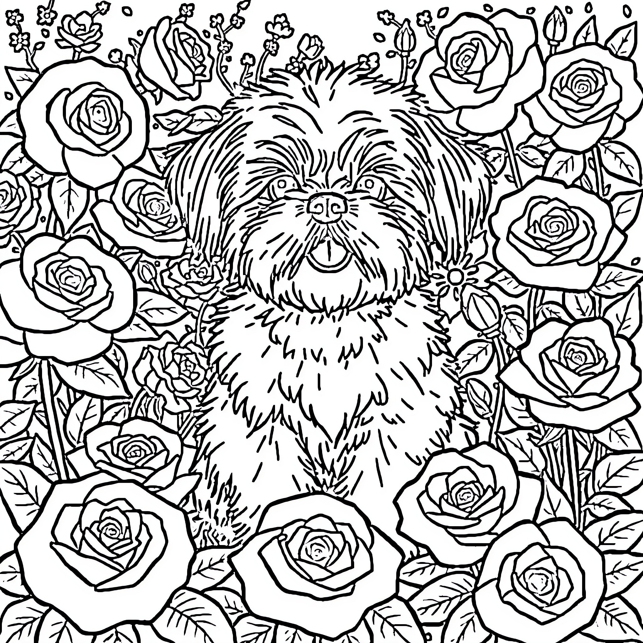 Shih Tzu surrounded by beautiful roses Coloring Page (free black-and-white line drawing printable PDF for all, from beginners to advanced learners, including children, teens, adults, and seniors)
